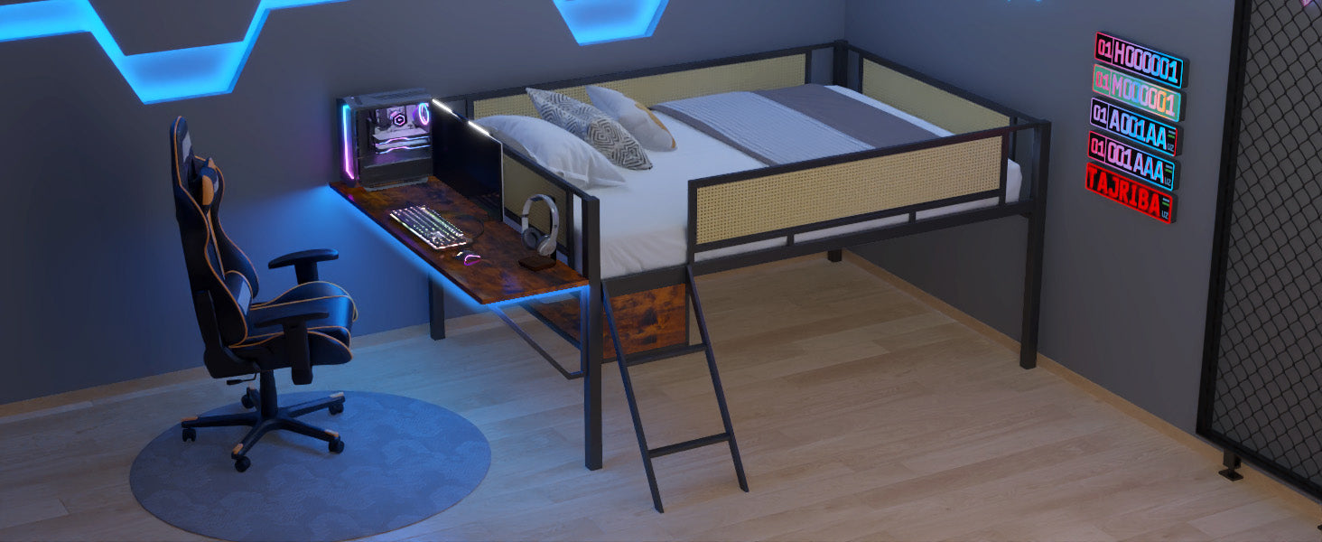 Single Metal Loft Bed With Rectangular Desk, Led Lights, Led Loft Bed Frame Double Bed With Storage Shelves And Hanging Storage Compartments, Safety Guard And Ladder, No Box Springs Required, Rattan G Full Black Brown Mdf Iron