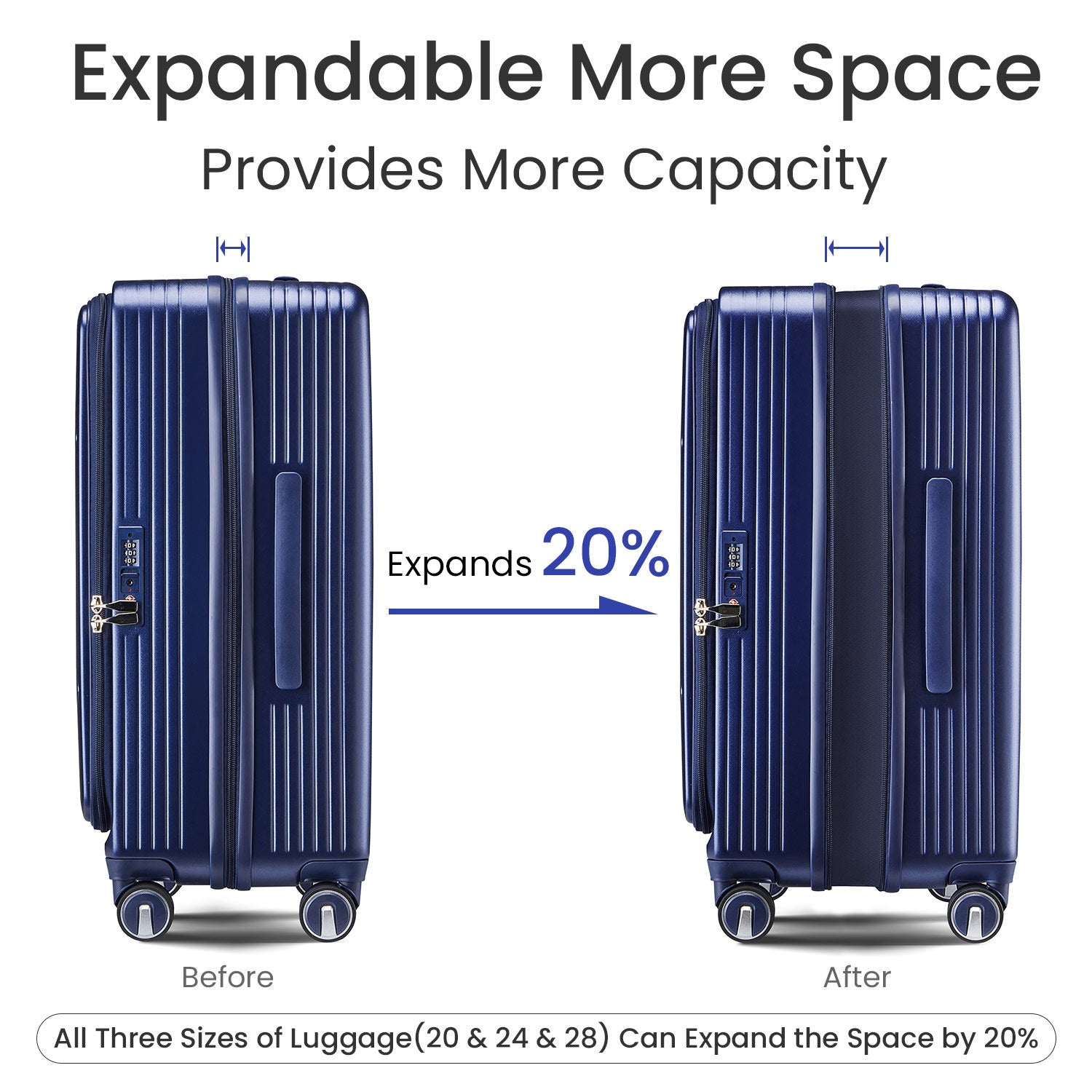 Luggage Sets 3 Piece 20 24 28 , Expandable Carry On Luggage With Tsa Lock Airline Approved, 100% Pc Hard Shell And Lightweight Suitcase With Front Pocket And Spinner Wheels Navy Blue Pc