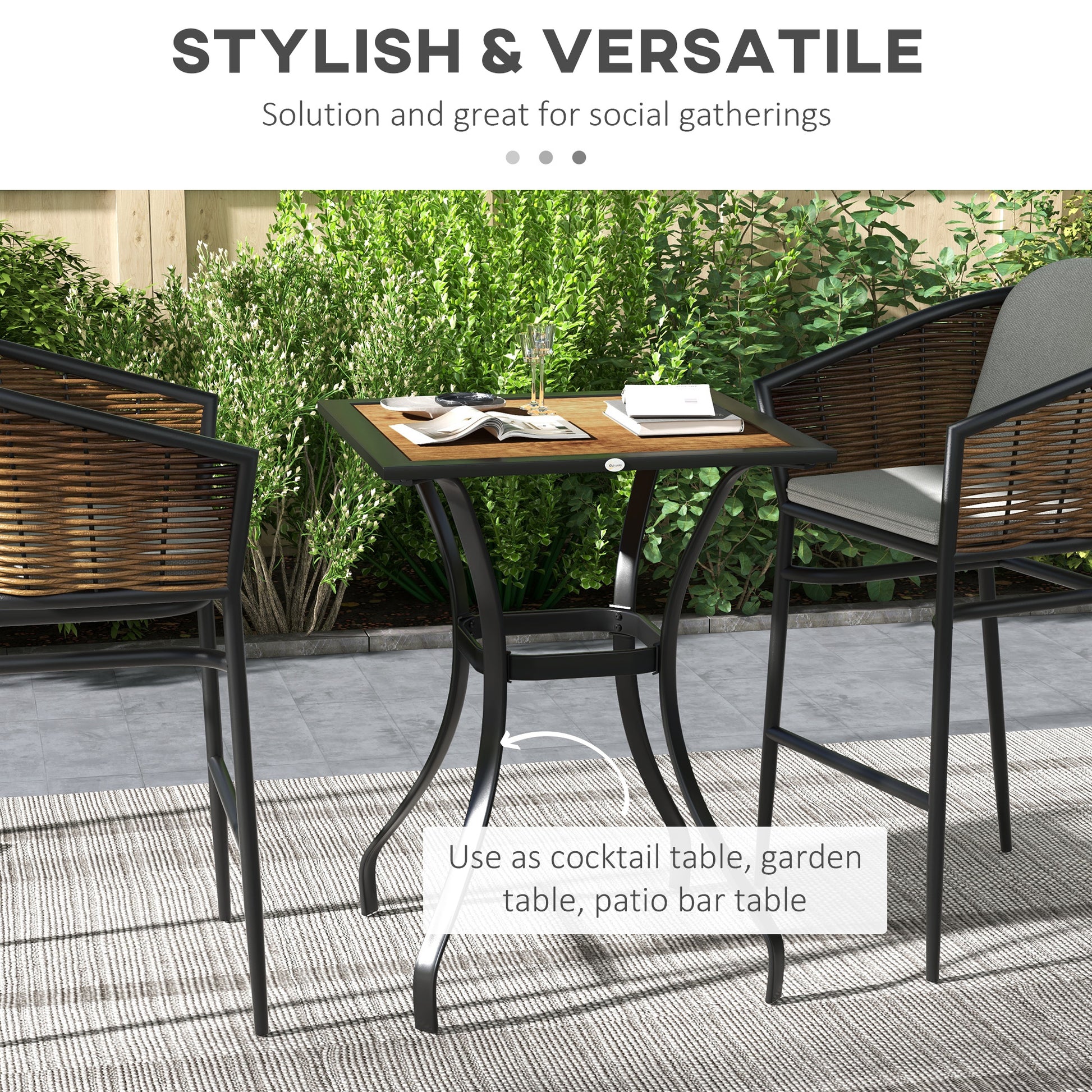 Outsunny 28" Outdoor Dining Table, Faux Wood Patio Furniture, Square Wood Like Garden Table With Water Safe Design For Deck, Backyard, Lawn, Brown Brown Steel