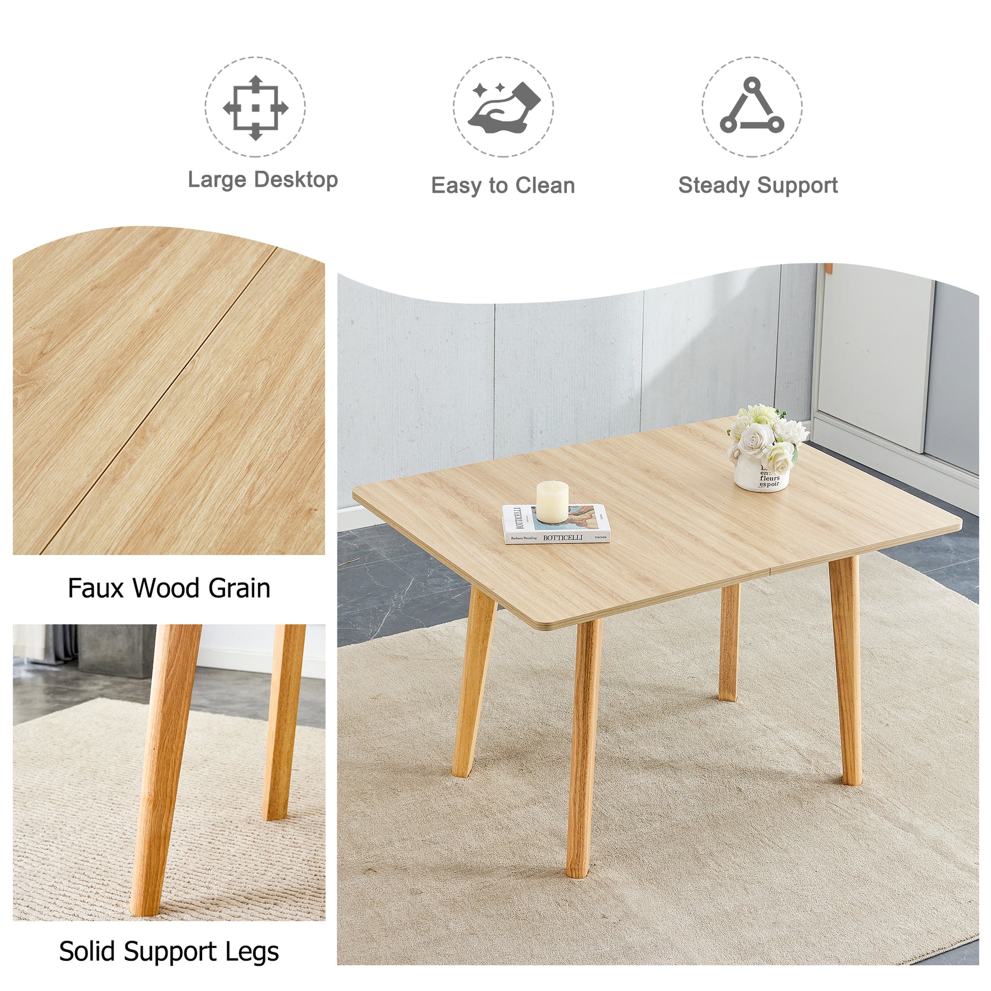 Wood Colored Mdf Desktop With Rubber Wooden Legs, Foldable Computer Desk, Foldable Office Desk, Solid Wood Dining Chair With Small Curved Back And Pu Cushion . Zd 1545 Dx 2361 Wood Seats 6 Wood