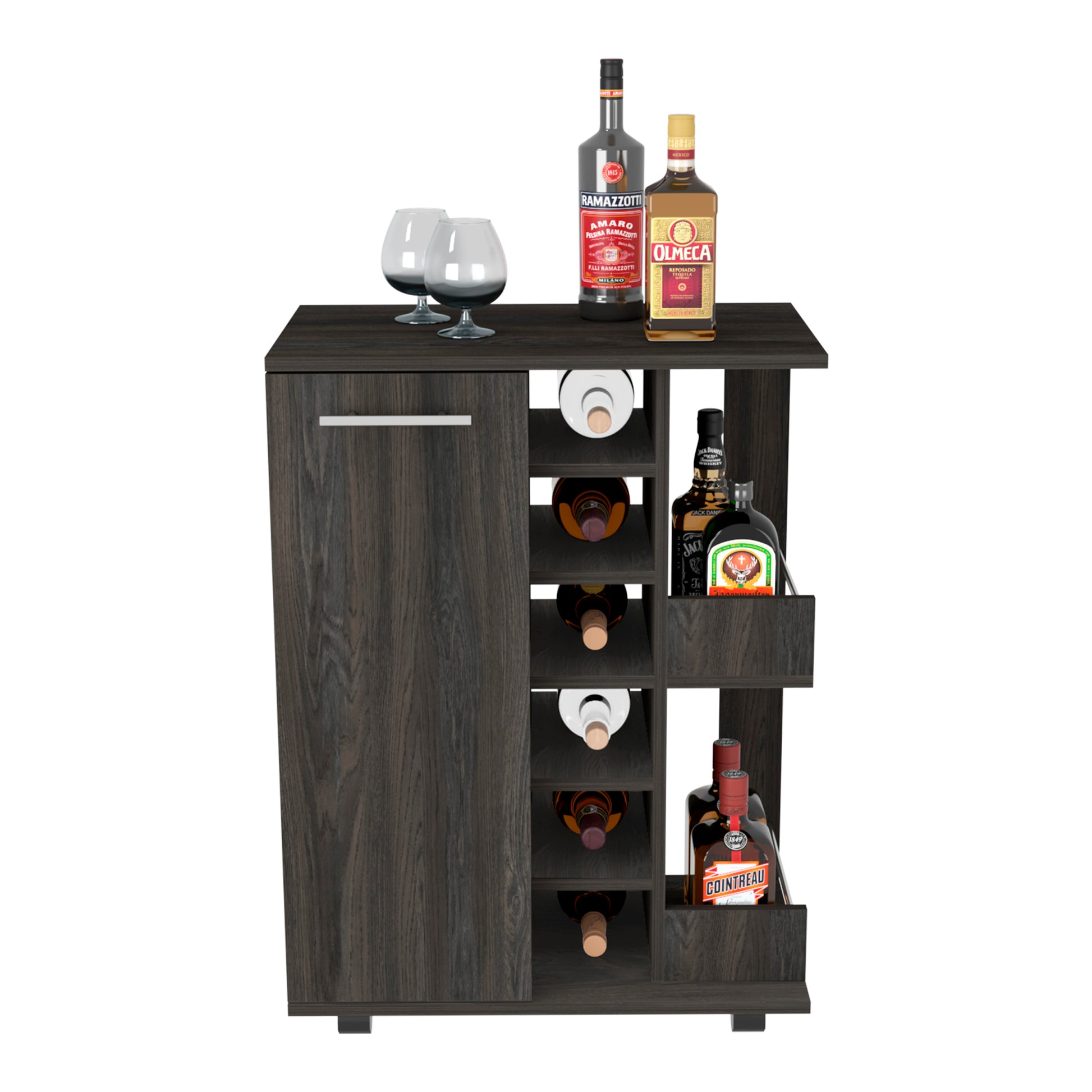 32" H Carbon Espresso Bar Coffee Cart, Cabinet Storage, With 4 Wheels, 1 Divided Storage With 1 Shelf, 1 Folding Door, A Central Vertical Division For 6 Bottles And 2 Side Shelves With Aluminum Front Brown Particle Board Particle Board