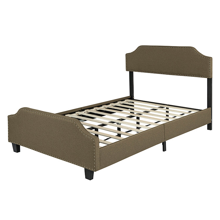 Upholstered Linen Queen Bed Frame, Platform Bed With Curved Shape Headboard And Footboard, Metal Frame With Wood Slat Support, Headboard Height Adjustable, No Box Spring Needed, Chocolate Box Spring Not Required Queen Chocolate Wood Bedroom Bed Frame