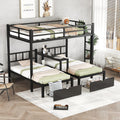 Full Xl Over Twin & Twin Triple Bunk Bed With Drawers, Multi Functional Metal Frame Bed With Desks And Shelves In The Middle, Black Full Xl Black Metal