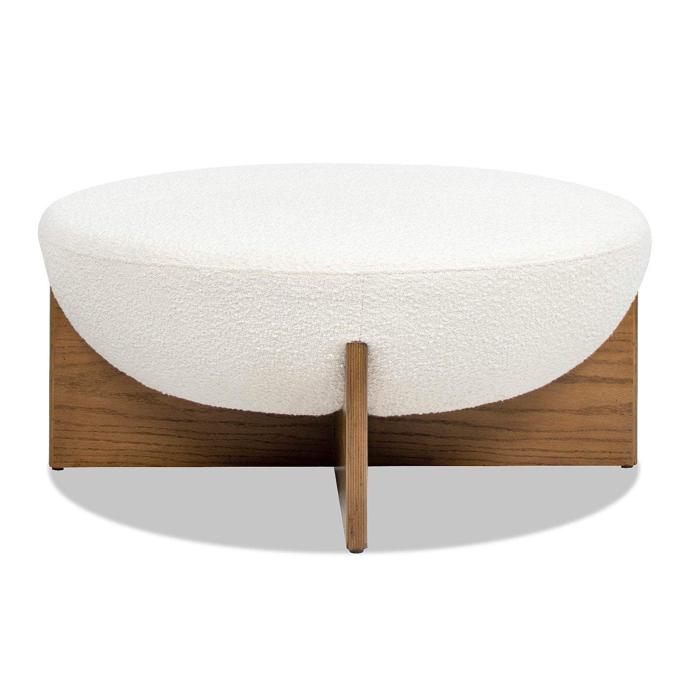 Bali 37" Round Upholstered Cocktail Ottoman With Natural Wood Base, Ivory White Boucle White Foam Boucle