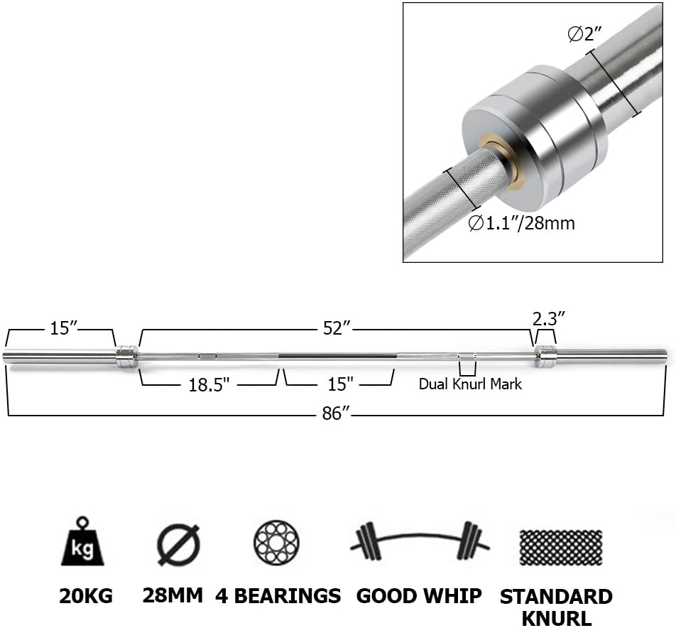 Barbell Bar For 2" Olympic Plates, Home Gym Weightlifting Bar 4Ft Solid Chrome Weight Bar 5Ft Fitness Training Curl Barbell 7.2Ft Indoor Fitness Silver Gym Body Building Stainless Steel