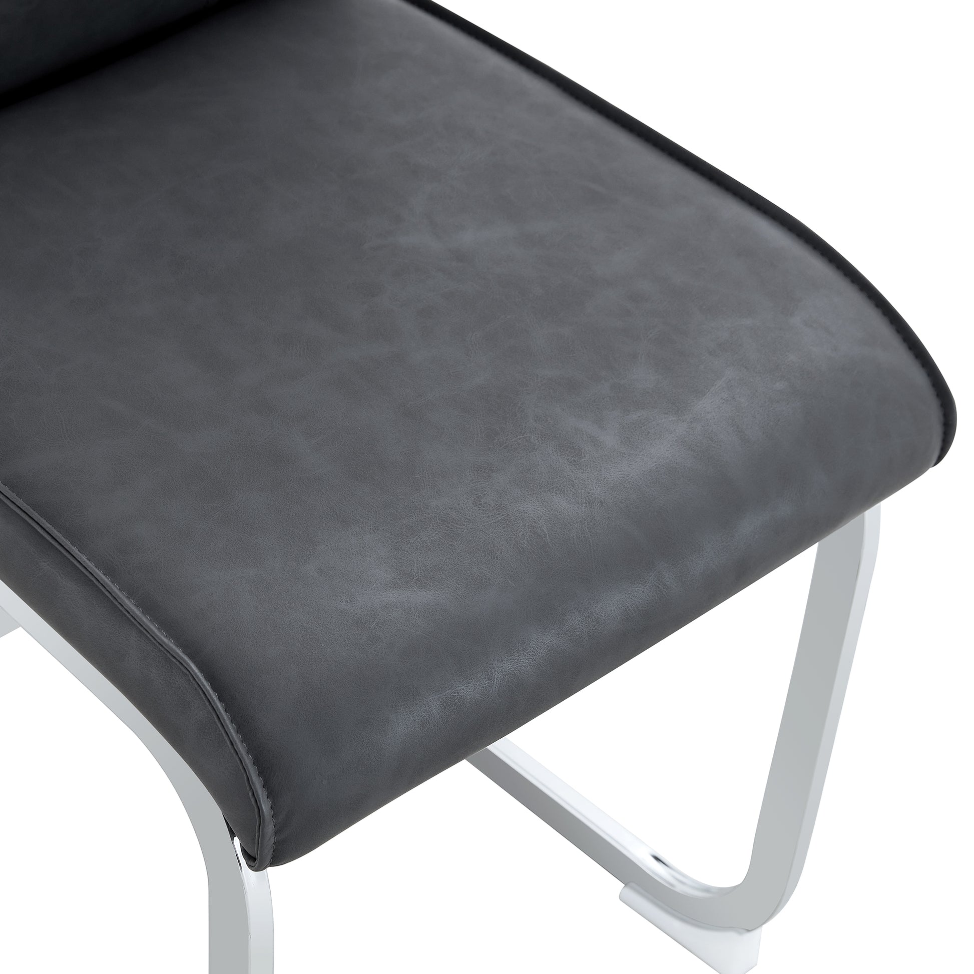 Table And Chair Set.Modern Dining Table,Tempered Glass Tabletop And Silver Colored Leg.Paired With 4 Soft And Comfortable Dark Gray Pu Chair, Perfect For Dinner, Meetings, Home And Office Decor.