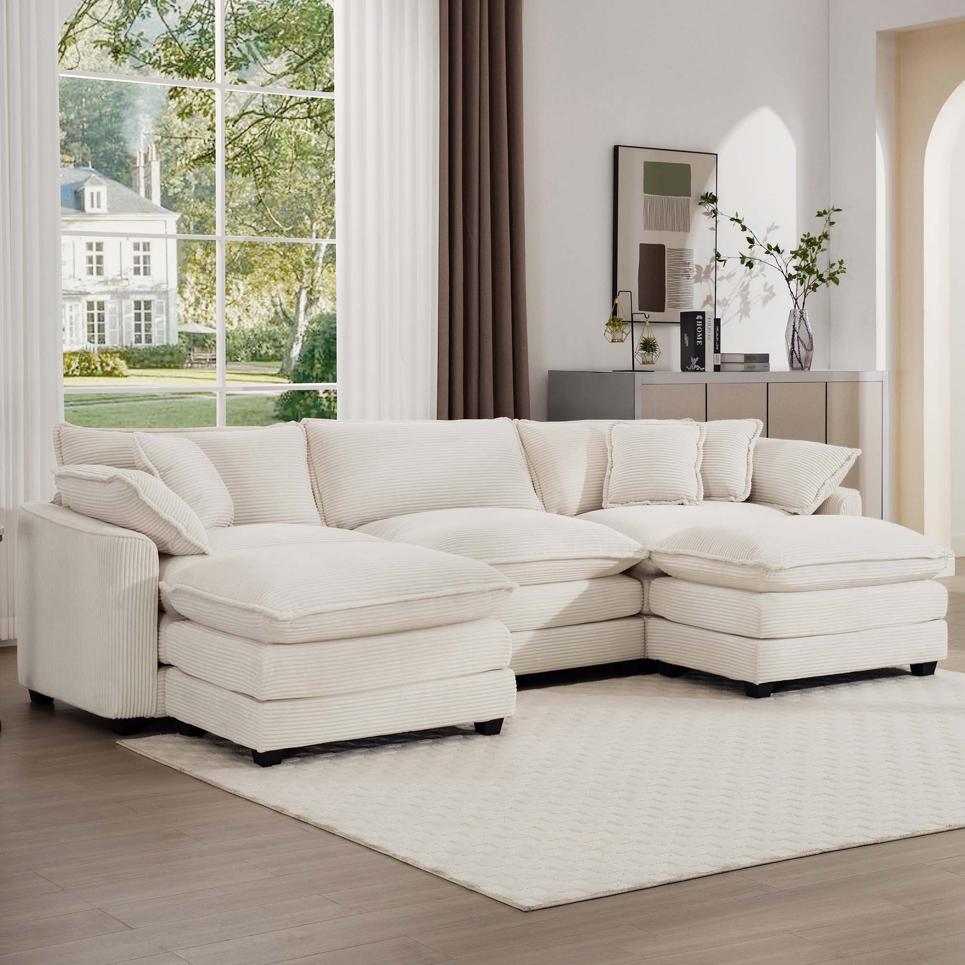 Oversized Modular Cushion Sofa With Ottomans, Comfy Upholstered U Shaped Convertible Corner Sectional Sofa Couch, Light Beige Corduroy Beige Corduroy 3 Seat
