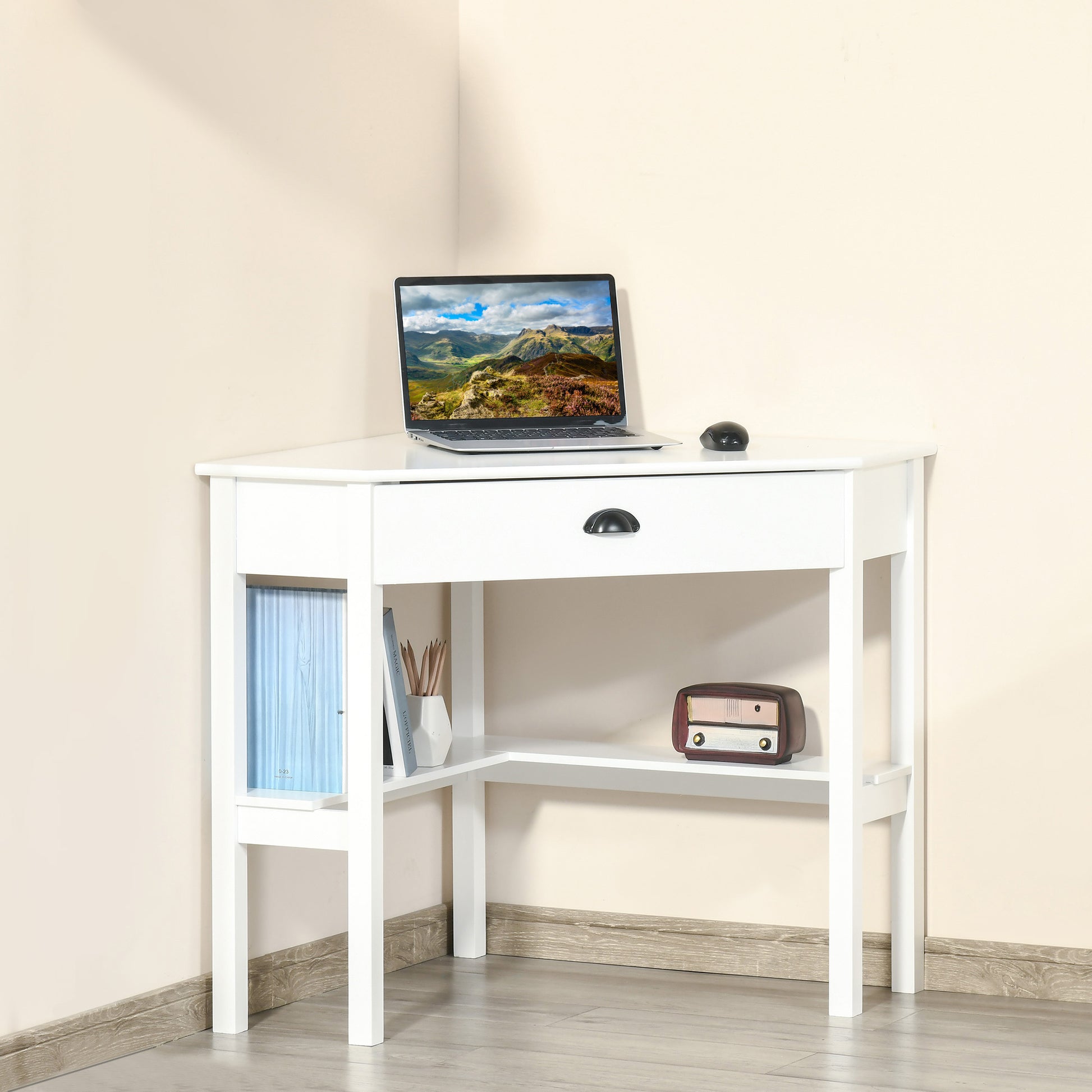 Homcom Corner Desk, Triangle Computer Desk With Drawer And Storage Shelves For Small Spaces, Home Office Workstation For Living Room, Or Bedroom, White White Mdf