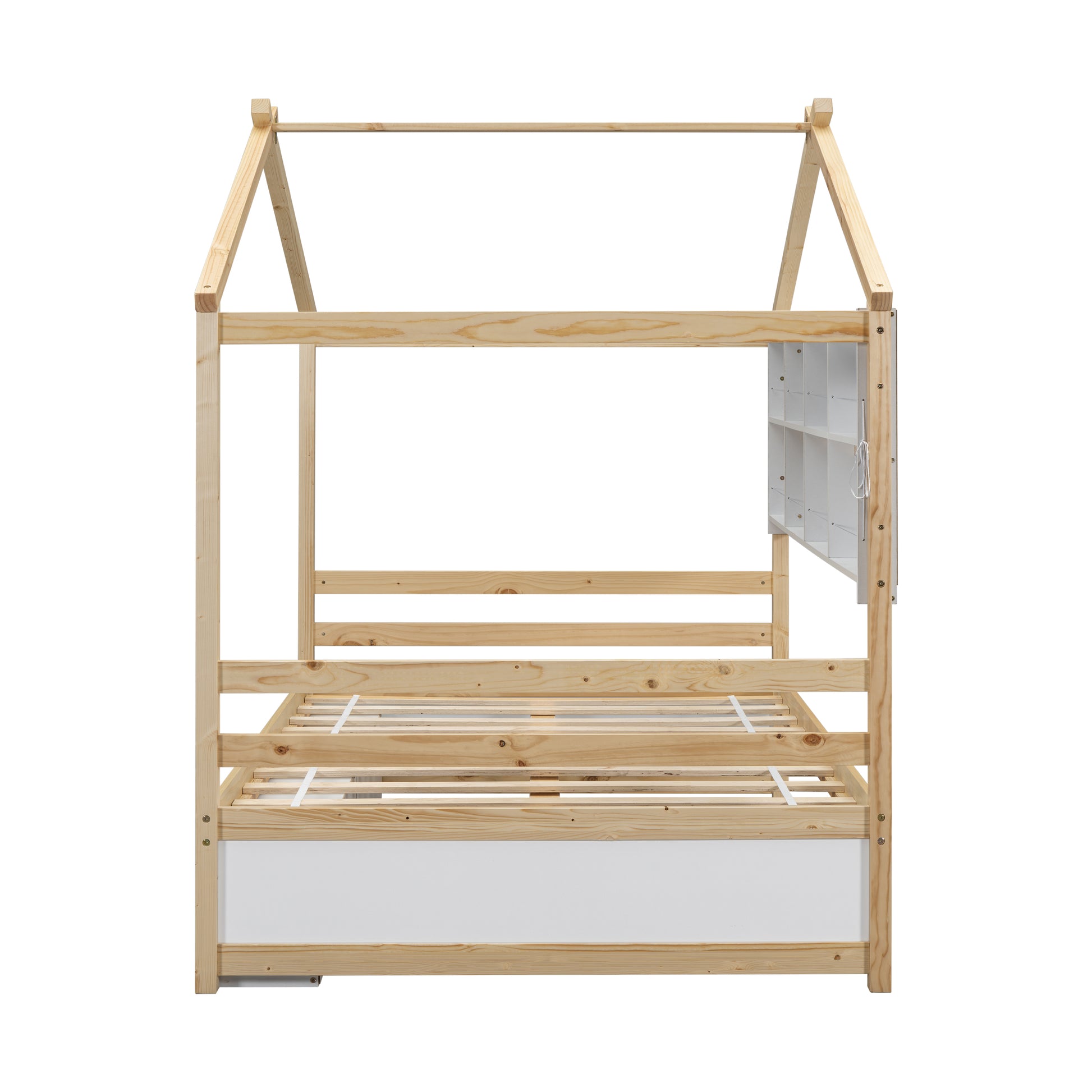 Full House Bed With Roof Frame, Bedside Shelves, Under Bed Storage Unit,Natural Full Natural American Design Pine