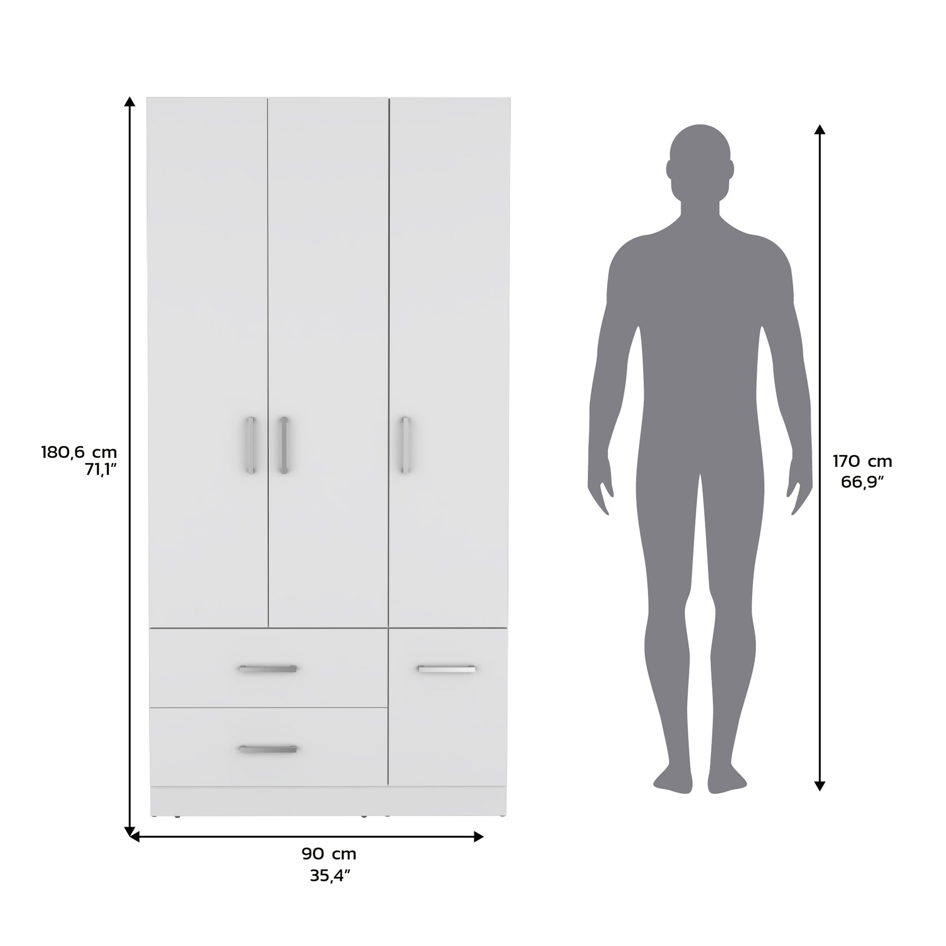 Armoire Wardrove 71", 4 Doors, Hanging Rod, 3 Cabinets, 6 Shelves, White White Solid Wood Mdf Engineered Wood