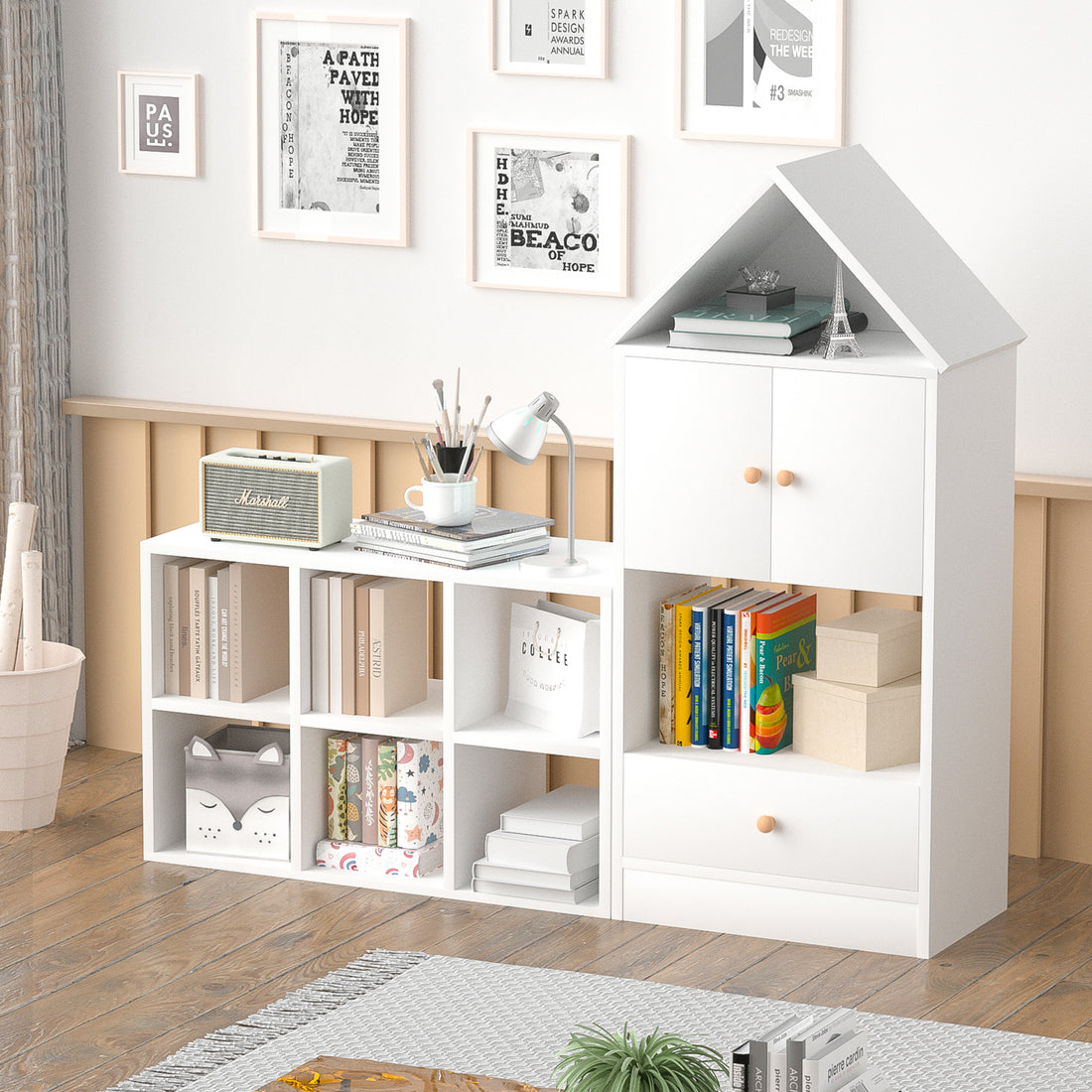Versatile Children'S Bookshelf With House Shaped Design, Multi Functional Storage For Books And Toys, Adjustable Placement, Durable Kids Organizer For Playroom Or Bedroom Easy Assembly & Safe For