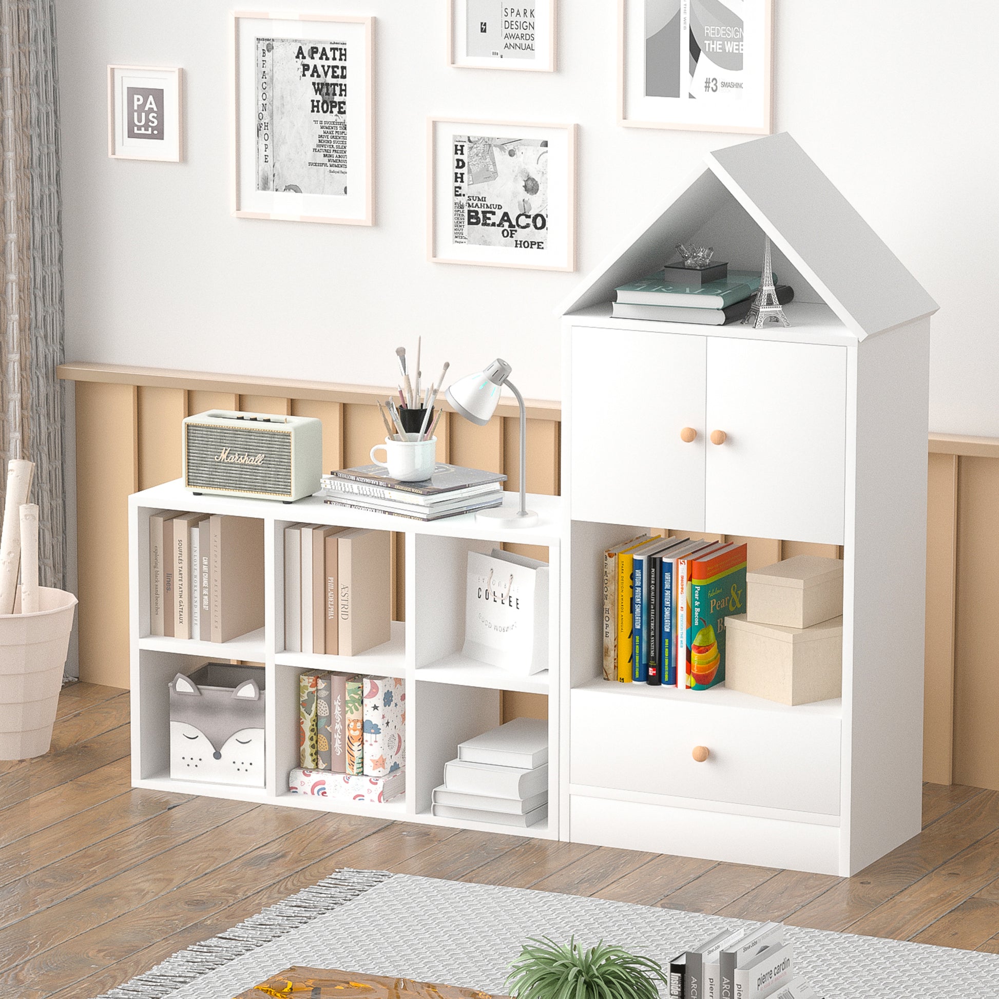 Versatile Children'S Bookshelf With House Shaped Design, Multi Functional Storage For Books And Toys, Adjustable Placement, Durable Kids Organizer For Playroom Or Bedroom Easy Assembly & Safe For