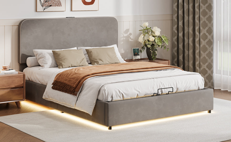 Upholstered Platform Queen Size Hydraulic Storage Bed, Lift Up Storage Bed With Rgb Led Light, Bluetooth Speaker, No Box Spring Needed, Lychee Velvet, Gray Queen Gray Velvet Fabric Metal