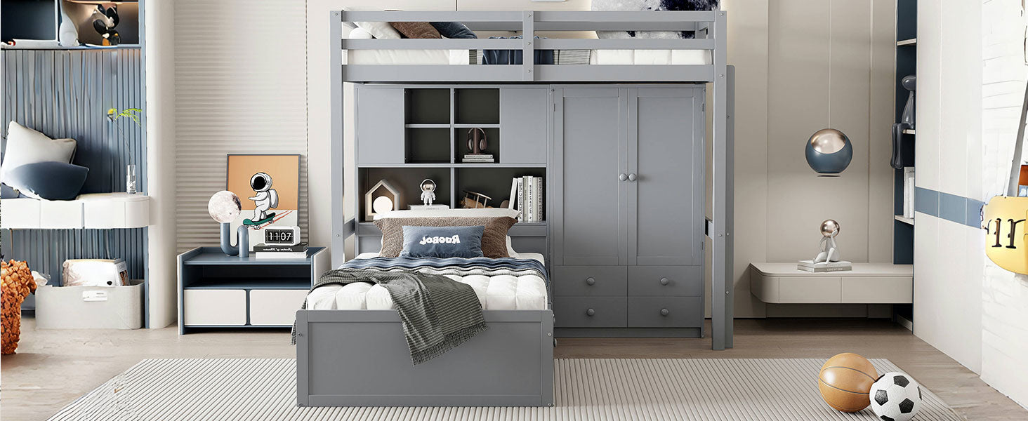 Twin Bunk Bed With Drawers, Wardrobe, Storage Shelves And Hydraulic Bed,Grey Grey Mdf Lvl