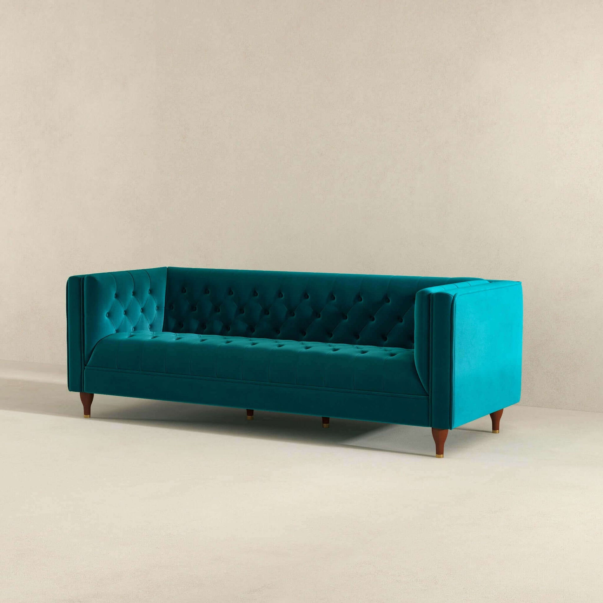 Evelyn Mid Century Modern Teal Velvet Luxury Chesterfield Sofa Teal Brown Velvet Wood Primary Living Space Tufted Back Mid Century Modern Engineered Hardwood Foam Solid Wood,Velvet 3 Seat