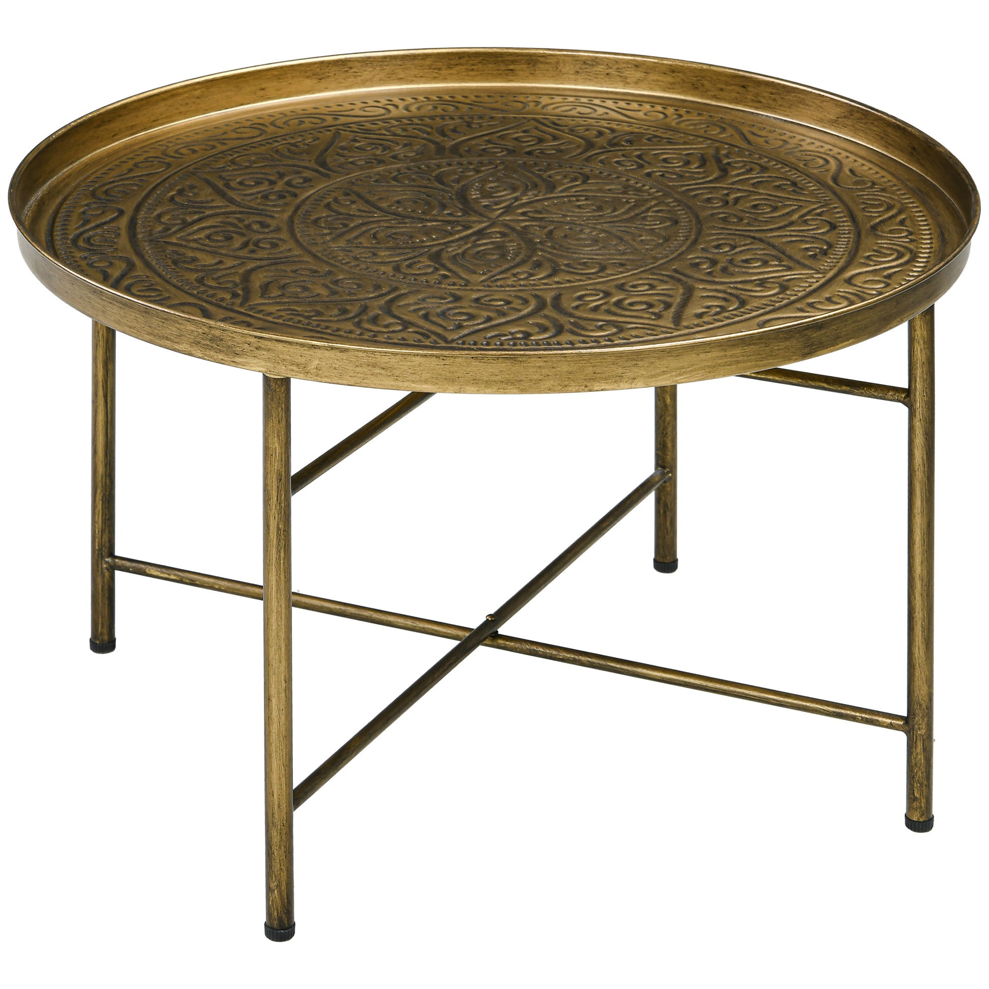 Homcom 24" Round Coffee Table With Hammered Tray Top, Vintage Metal Center Table For Living Room, Bedroom, Side Table, Gold Gold Metal