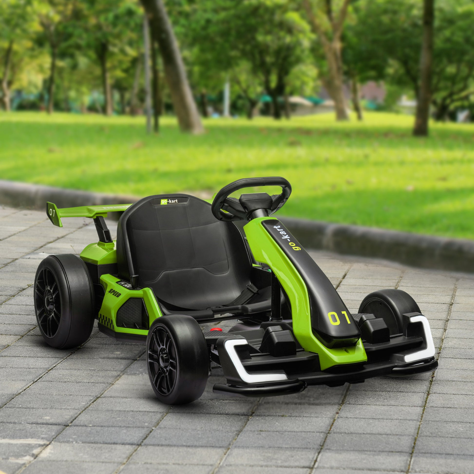 Aosom 24V 7.5 Mph Electric Go Kart With Adjustable Seat, Drifting Car Battery Powered Ride On Toy Outdoor With Slow Start, Button Start, Music, Honking Horn, Lights, For 6 12 Years Old, Green Green Iron Plastic