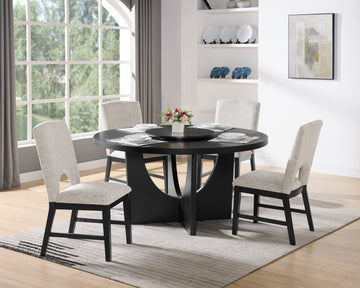 5Pc Modern Round Table Black Finish W Lazy Susan Wooden Contemporary 4X Side Chair Upholstered Seat Dining Room Wooden Fabric Wood Furniture Wood Wood Black Seats 6 Wood Dining Room 60 Inches Contemporary,Modern Pedestal Round Dining Table With Chair