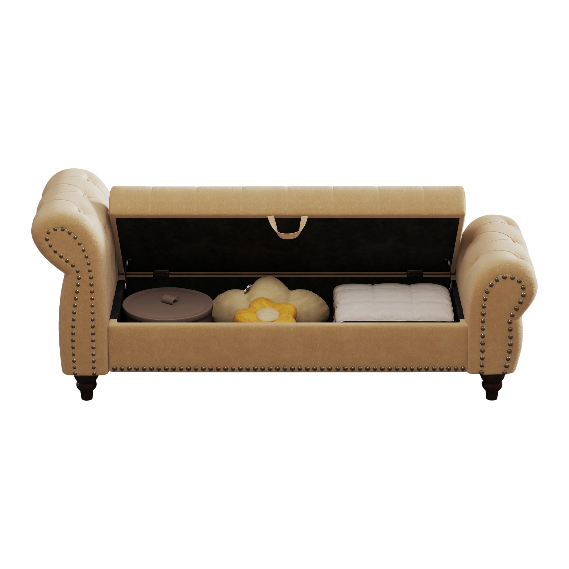 64.5" Bed Bench For Bed Room Nails Tufted Chaise Of Lounge With Storage Velvet Upholstery Khaki Khaki Foam Velvet