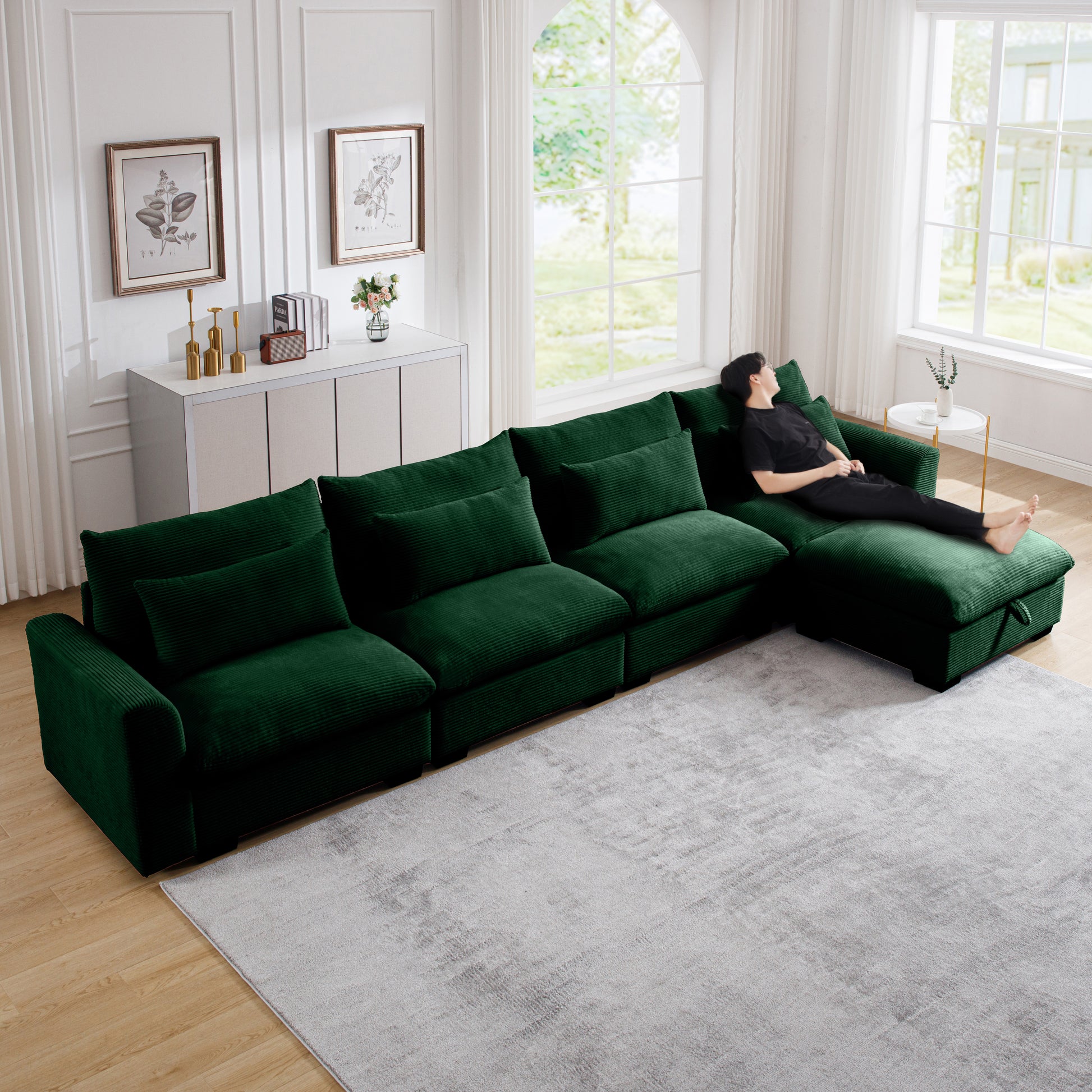 Large L Shape Sectional Corduroy Sofa,Deep Seat Couch With Storage Footstool And 4 Waist Pillows, Green Green Corduroy 4 Seat