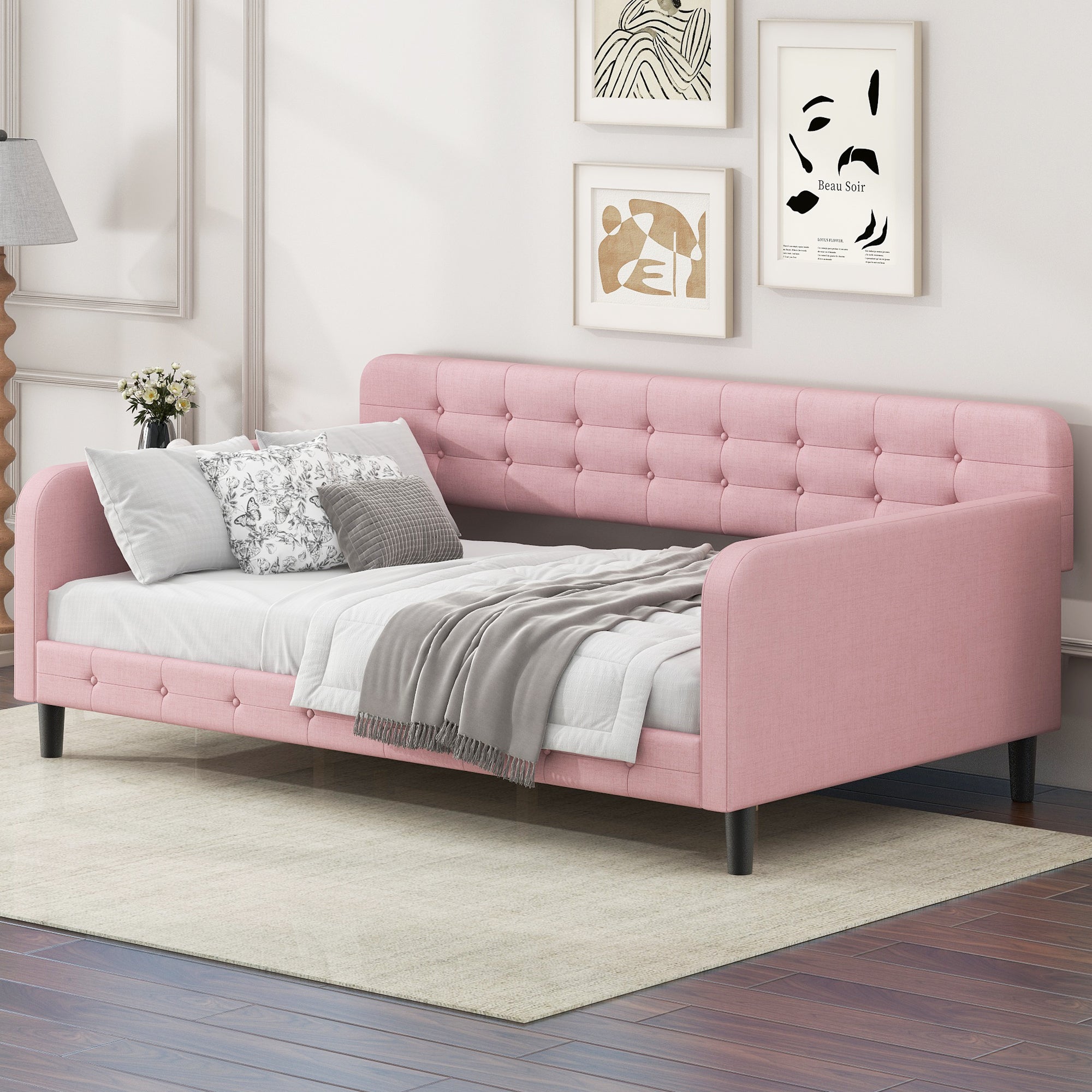 Twin Size Upholstered Tufted Daybed With 4 Support Legs, Pink Box Spring Not Required Twin Pink Wood Bedroom Daybeds Linen Upholstered