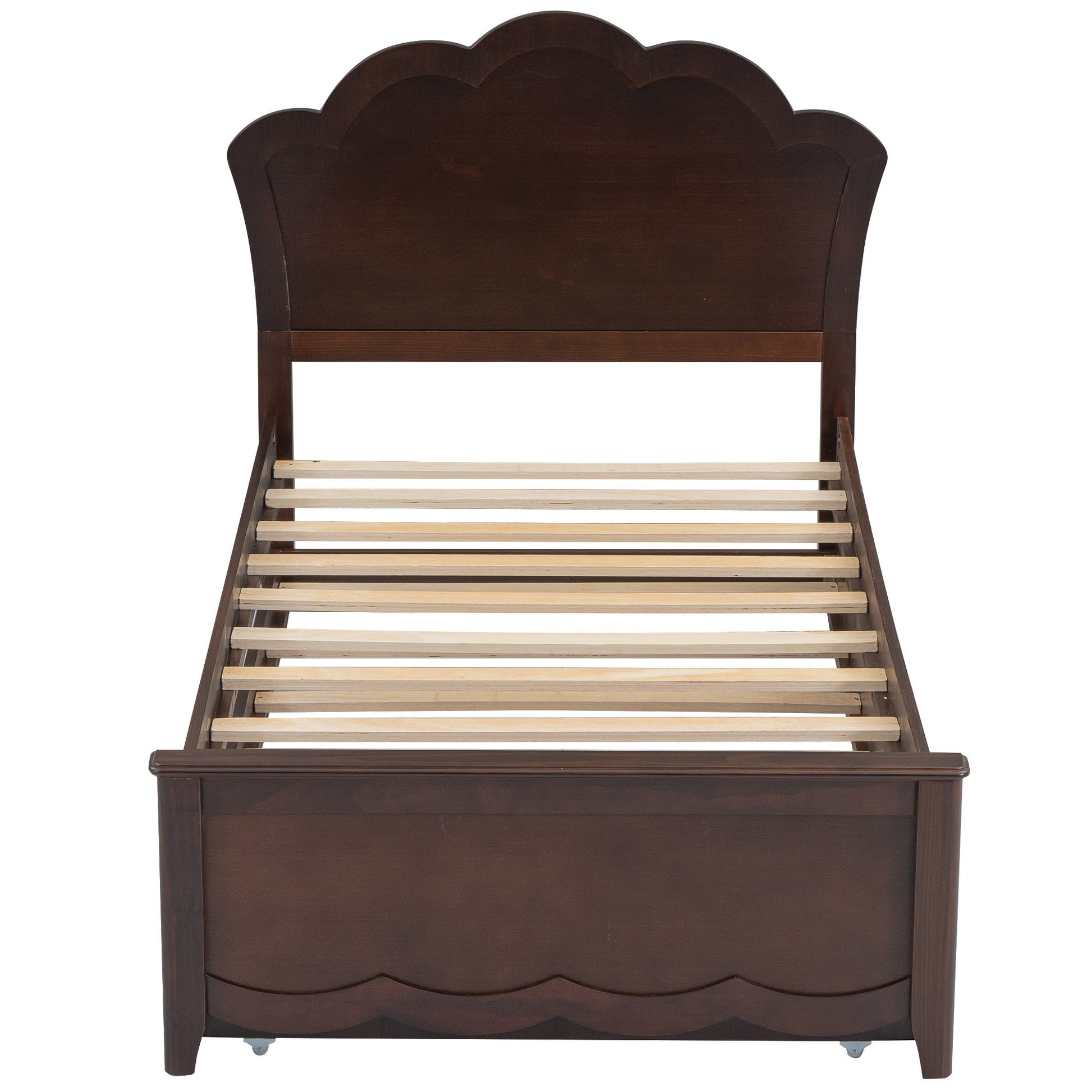 Twin Size Wood Platform Bed With Headboard And Twin Size Trundle, Cappuccino Box Spring Not Required Twin Cappuccino Wood Bed Frame Solid Wood Mdf