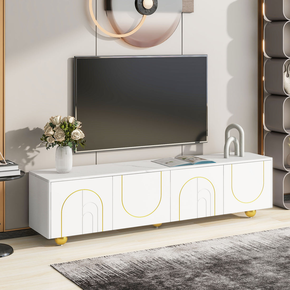 Modern Tv Stand For Tvs Up To 75 Inches, Entertainment Center With Storage Cabinets And 1 Adjustable Shelf, Media Console With Marble Patterned Top And Golden Round Metal Legs For Living Room White 70 79 Inches Mdf