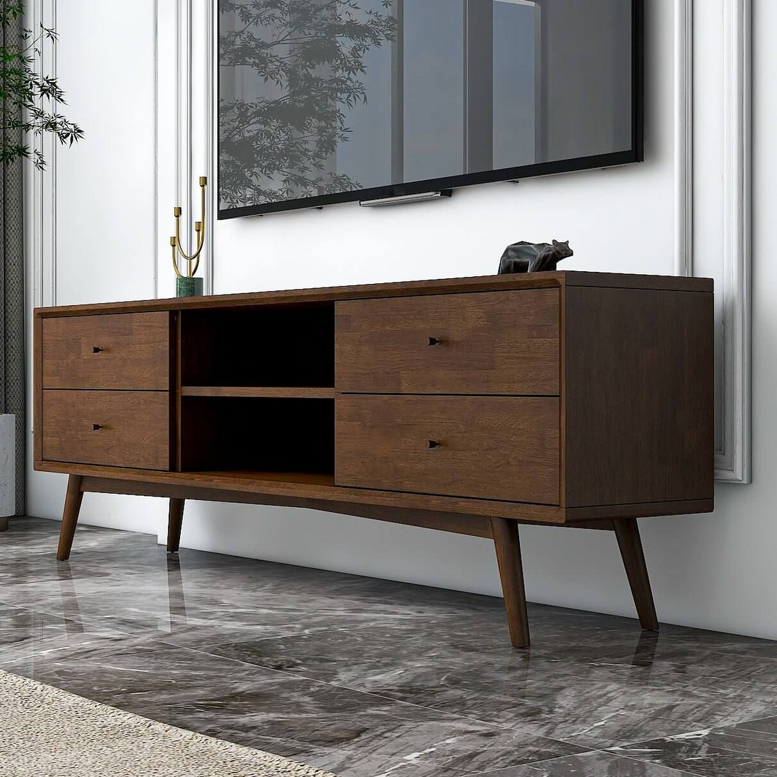 Caroline Mid Century Modern Style Walnut Tv Stand Up To 72" Brown,Dark Brown Brown Primary Living Space 70 79 Inches 70 79 Inches Mid Century Modern 70 Inches Solid Wood