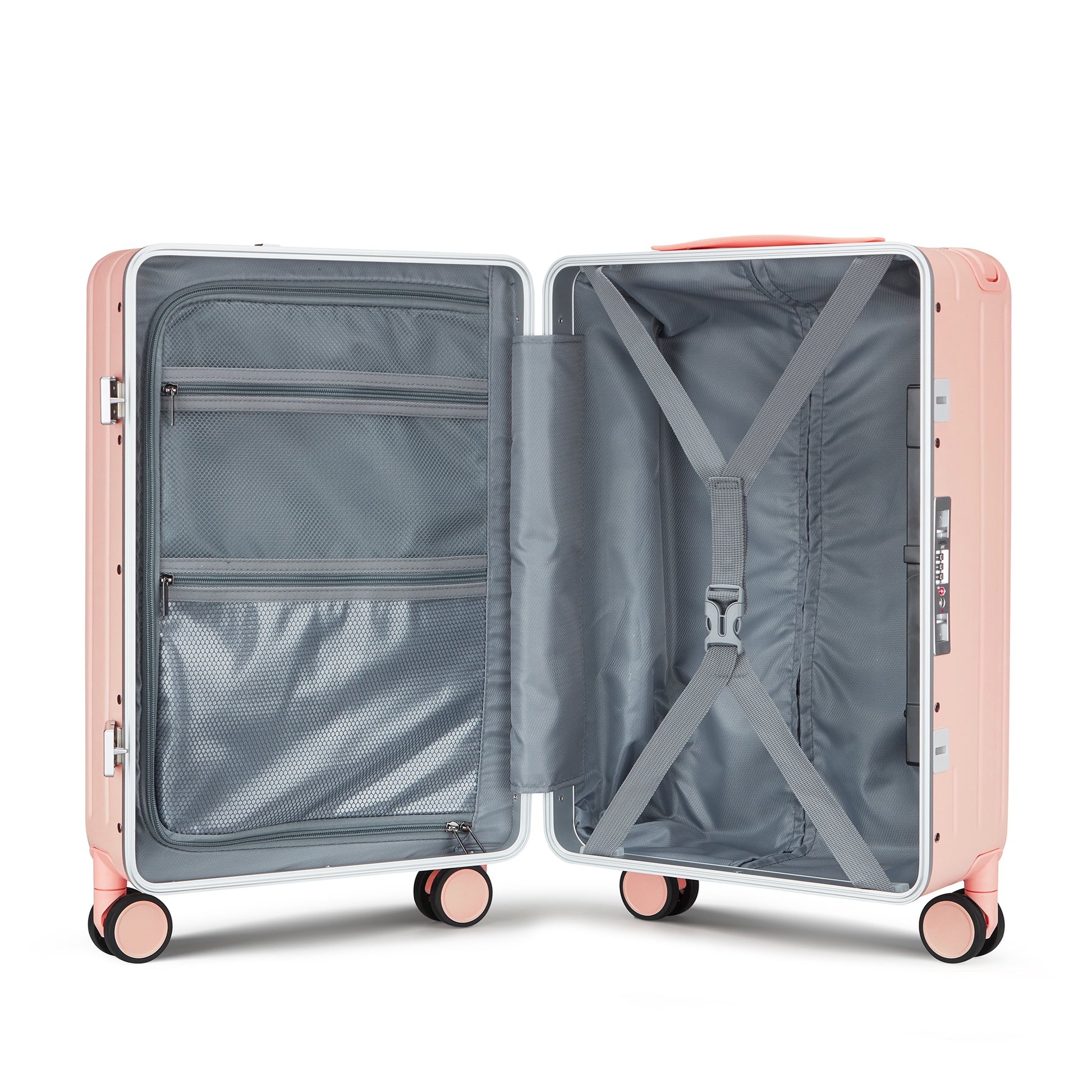 Aluminum Frame 20 Inch With Front Open Carry On Luggage, Pc Hard Shell Suitcase, Bounce Wide Handle Pull Rod Luggage With 360 Double Wheels, Built In Tsa Lock, Airline Approved Suitcase For Business Pink Pc