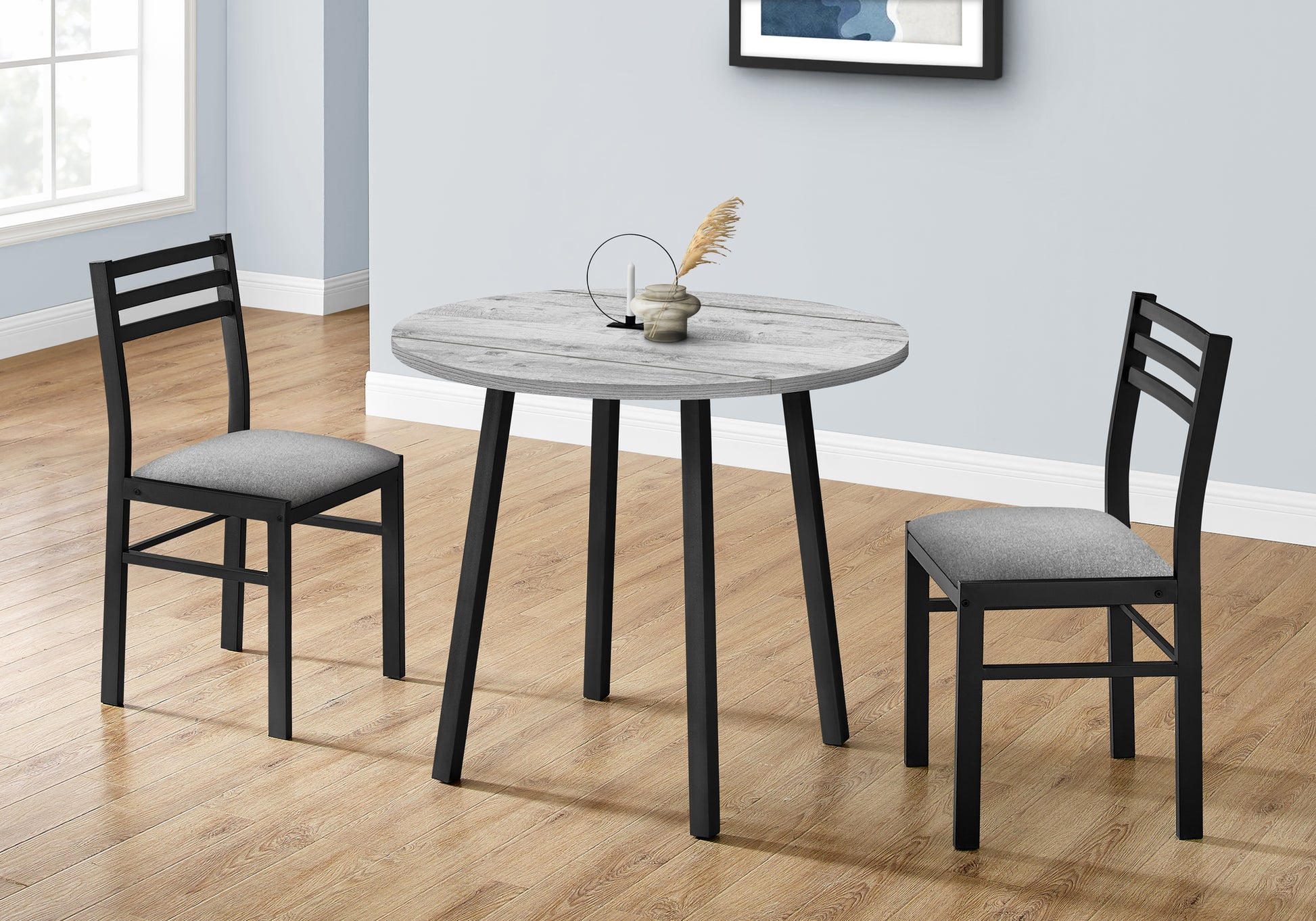 Dining Table Set, 3Pcs Set, Small, 35" Drop Leaf, Kitchen, Black Metal, Grey Laminate, Contemporary, Modern Grey Foam Mdf