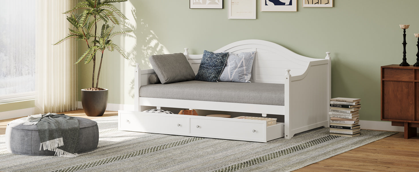 Twin Size Wood Daybed With 2 Storage Drawers ,Wooden Sofa Bed With Handrail For Living Room Bedroom, White Box Spring Not Required Twin White Wood Bedroom Wood