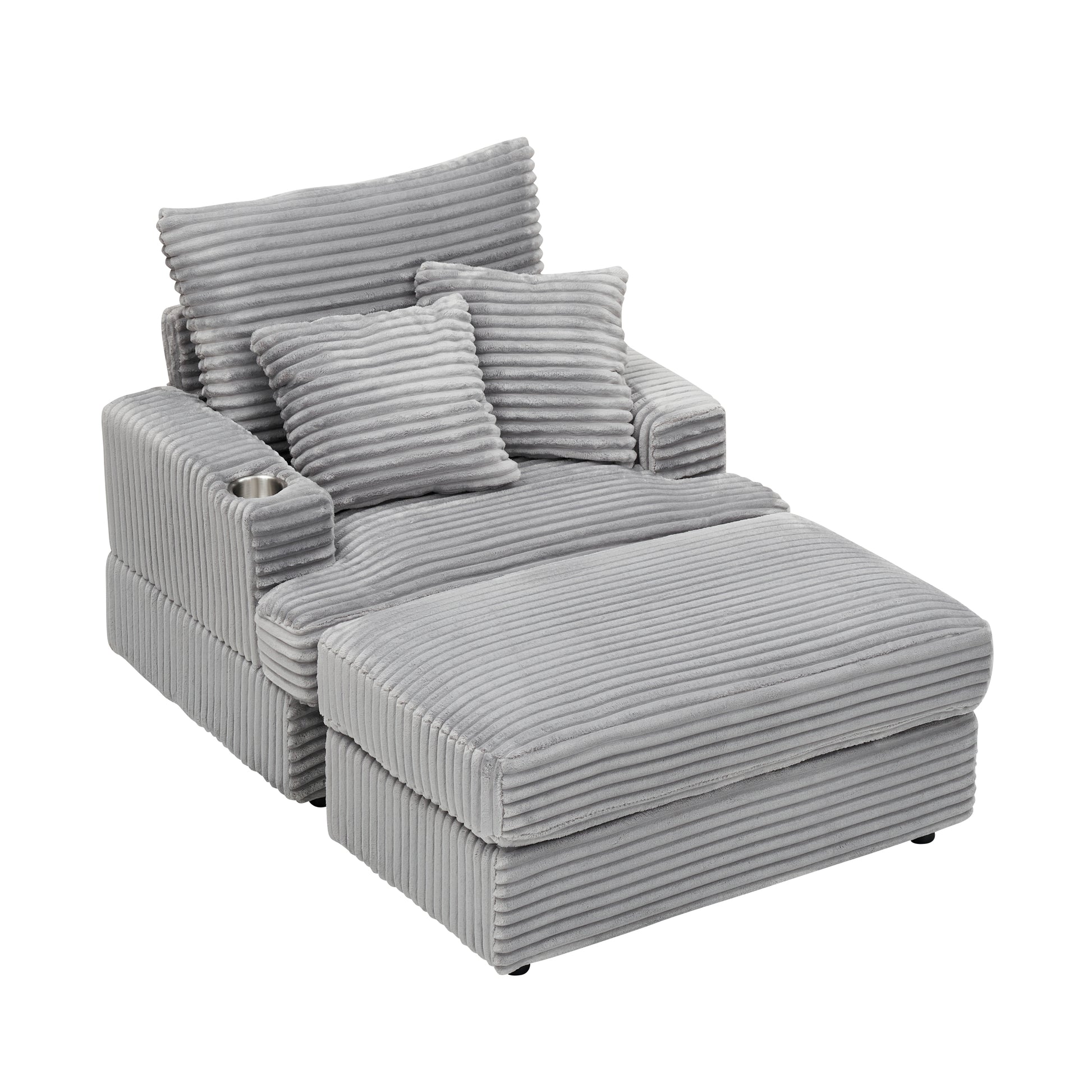 39 Inch Spring Upholstered Armchair And Ottoman Set Comfortable Single Sofa With Cup Holder And Corduroy Fabric, Perfect For Living Room Or Bedroom Gray Corduroy 1 Seat