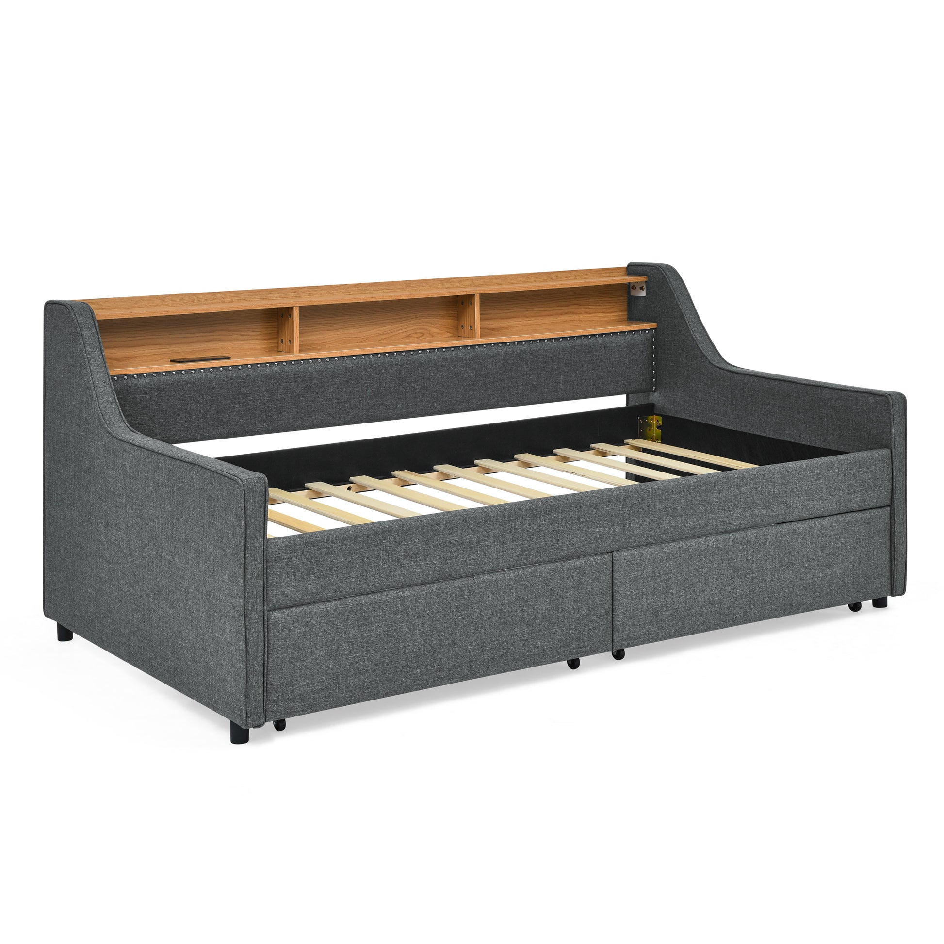Twin Size Upholstery Sofa Bed With Three Led Lights, With Storage Adjustable Headboard, With Two Storage Pull Up Drawers And Wireless Charging, Linen Padded Sofa Bed Frame, Grey Box Spring Not Required Twin Grey Composite Bedroom Classic Eucalyptus Foam