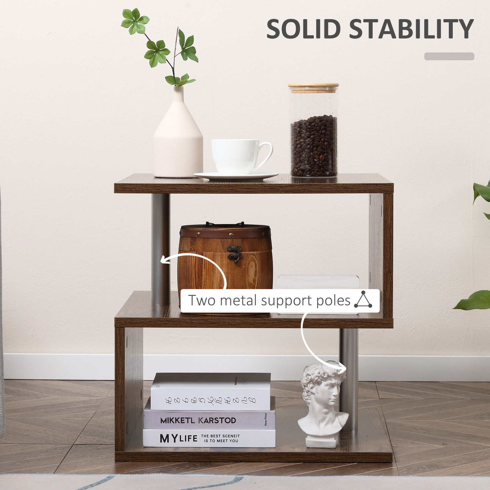 Homcom 20" Modern End Table, Accent Side Table, S Shaped Coffee Table With Storage Shelf And Steel Poles, Rustic Brown Rustic Brown Particle Board