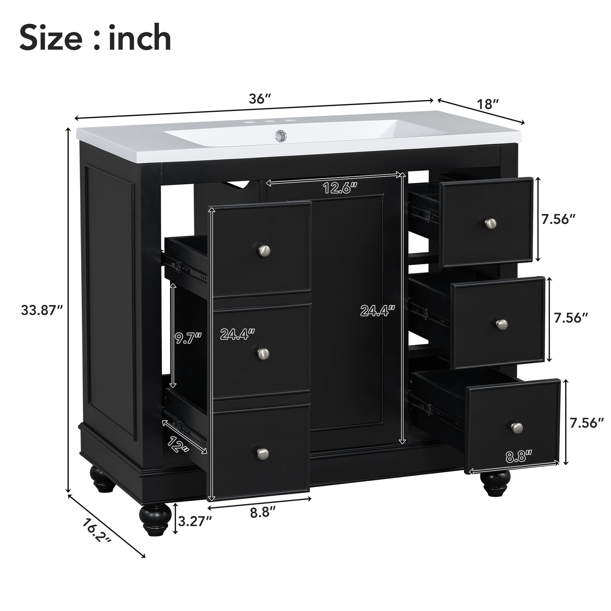 Contemporary Black Bathroom Vanity Cabinet 36X18X34 Inches, 4 Drawers & 1 Cabinet Door, Multipurpose Storage, Resin Integrated Sink, Adjustable Shelves, Solid Wood Frame With Mdf Black Bathroom