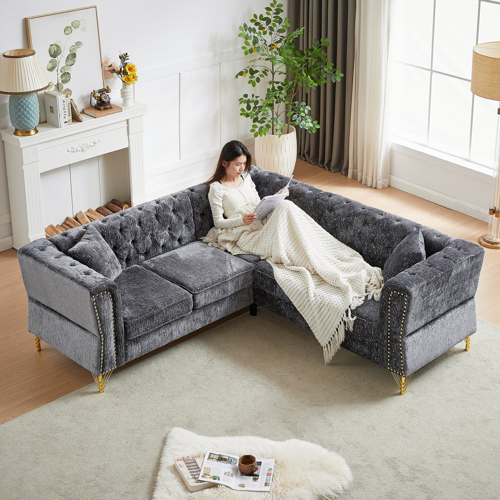 81.5 Inch Chenille Corner Sofal Shaped Sectional Couch, 5 Seater Corner Sofas With 3 Cushions For Living Room, Bedroom, Apartment, Office Grey Foam Chenille 5 Seat