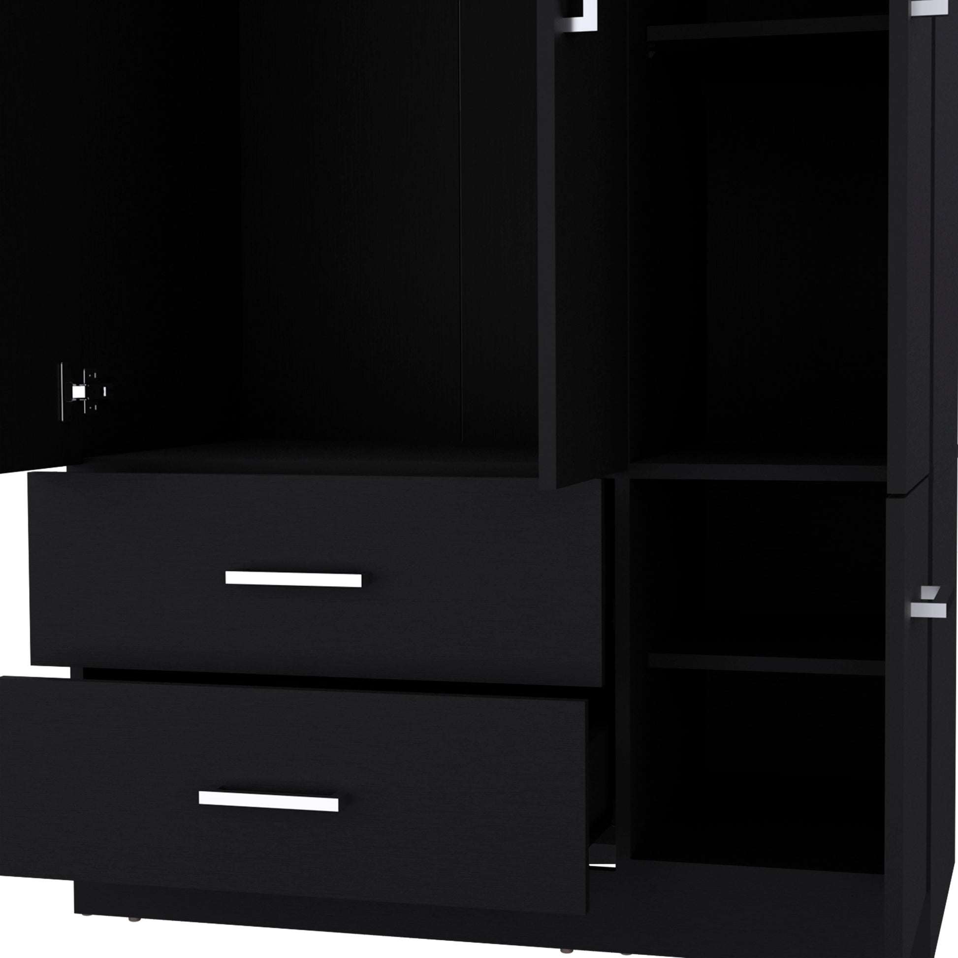 Armoire Wardrove 71", 4 Doors, Hanging Rod, 3 Cabinets, 6 Shelves, Black Black Solid Wood Mdf Engineered Wood