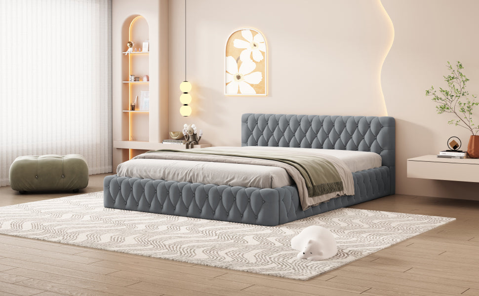 Queen Size Velvet Upholstered Platform Bed, With Luxurious Diamond Grid Headboard,Gray Queen Gray Plywood