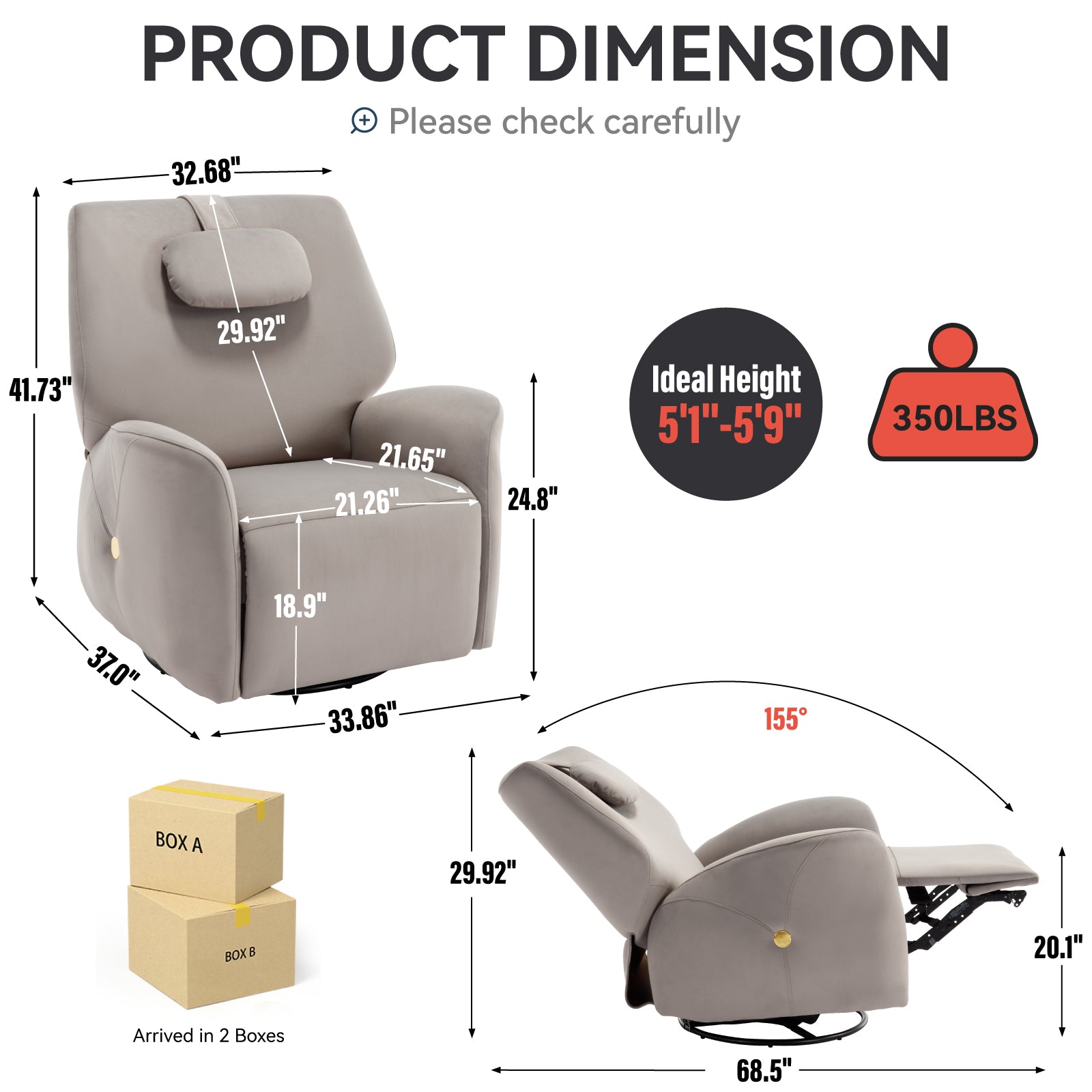 Grey Swivel And Rocker Power Recliner Chair With Lumbar And Neck Support Pillow, Max Swivel Degree 270 , Heavy Duty Motion Mechanism With Usb And Type C Ports Grey Polyester Power Push Button Metal Primary Living Space Medium Firm Tight Back Heavy Duty