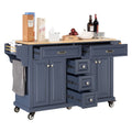 Kitchen Island With Rubber Wood Countertop, Kitchen Cart On 5 Wheels With Storage Cabinet And 5 Drawers For Dinning Room, Blue Blue Dining Room Rectangular Rubberwood Solid Wood Mdf Large 56 In