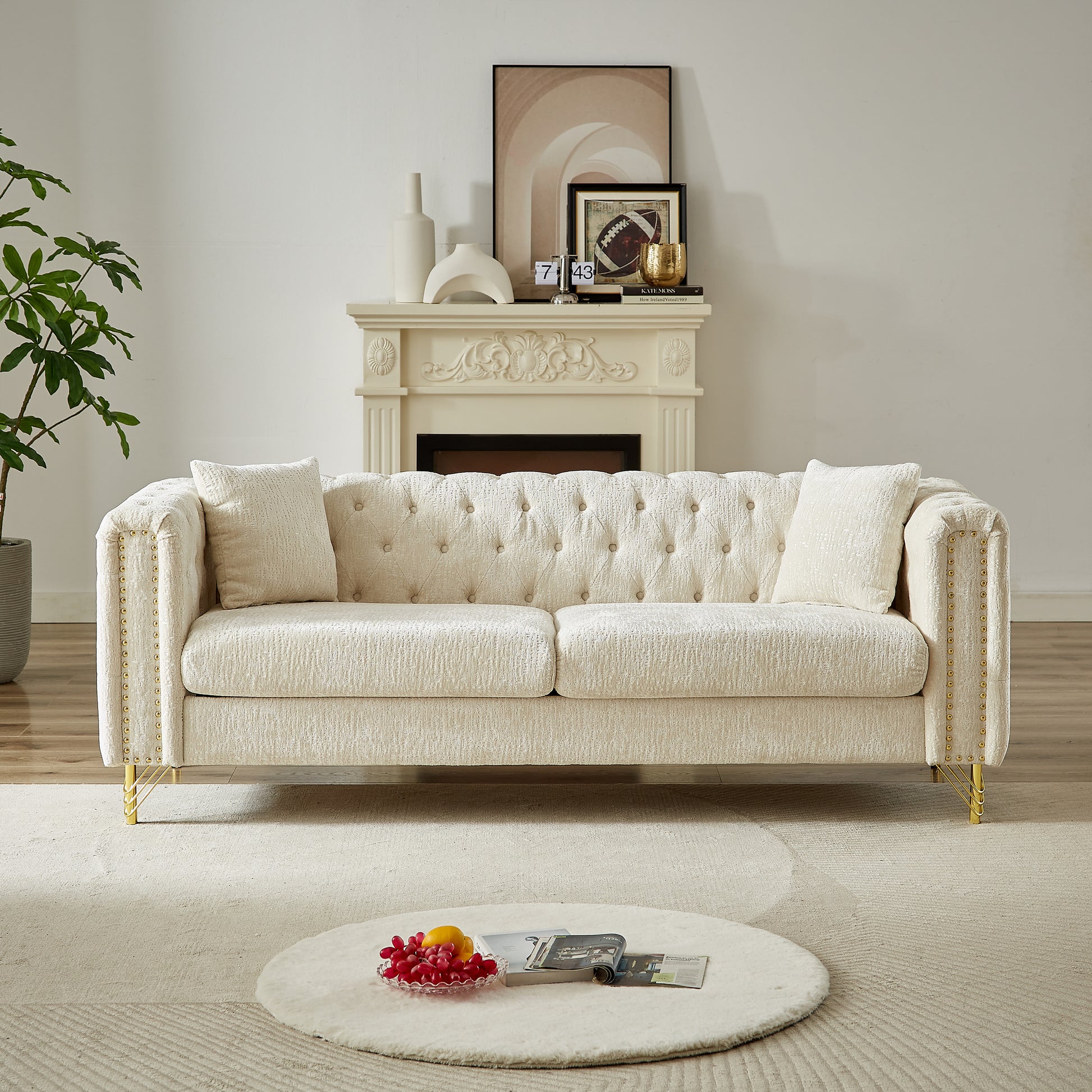 82 Inch Chenille Pull Buckle Design Sofa For Living Room,Buttons Tufted With Copper Nail Decoration Armrest, Modern Couch Upholstered Button And Metal Legs Beige Foam Chenille 3 Seat