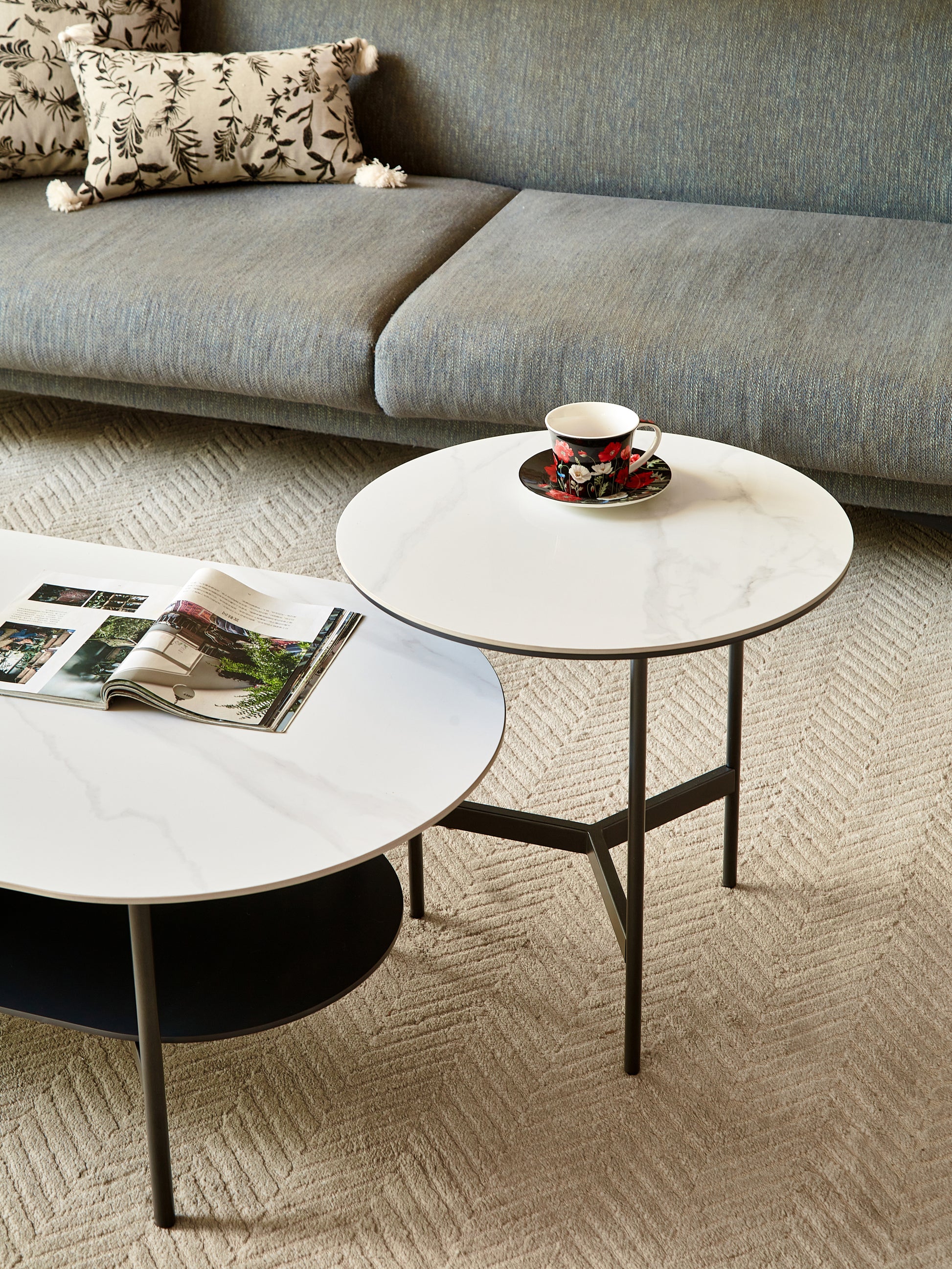 Coffee Table Ceramic Coffee Table, Mdf Painting Double Layer Coffee Table For Living Room, White Ceramic And Coffee Brown Bottom Shelf Black White Ceramic Mdf