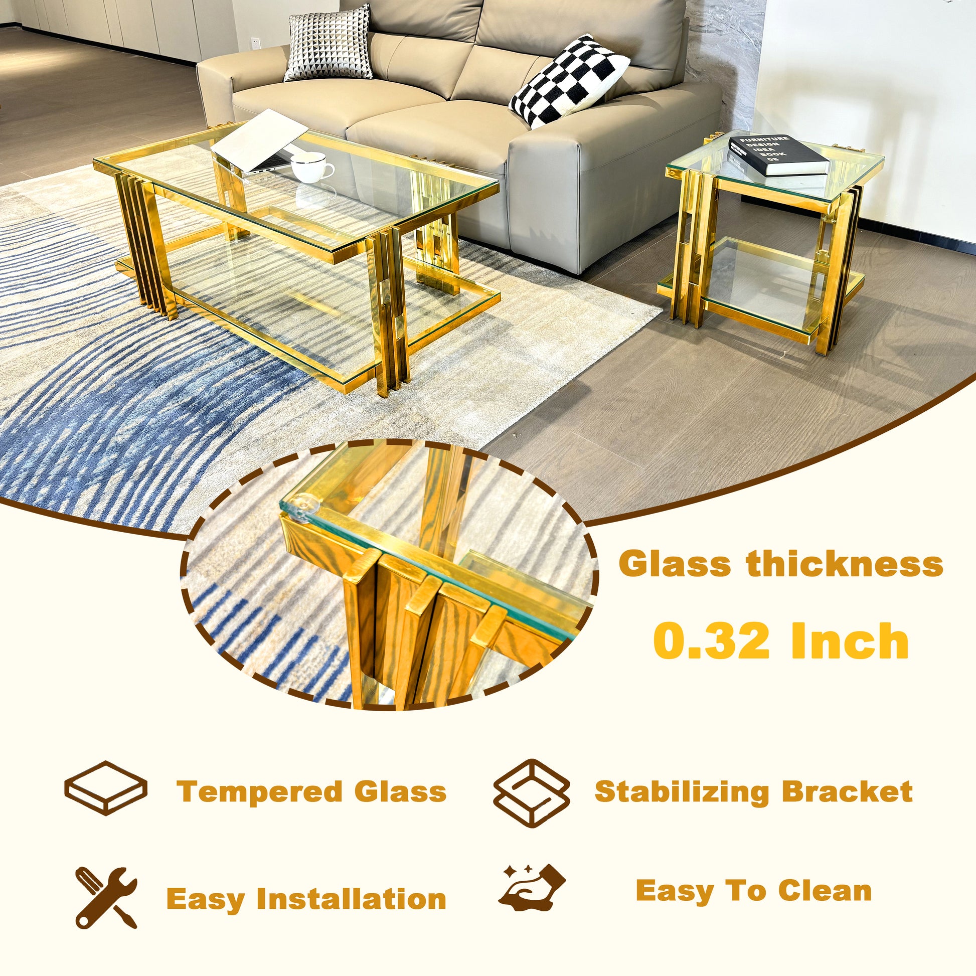 Golden Stainless Steel End Table, Double Layer, Clear Tempered Glass End Table, For Bed Room, Living Room Clear,Gold Modern Open Storage Rectangular Stainless Steel,Tempered Glass