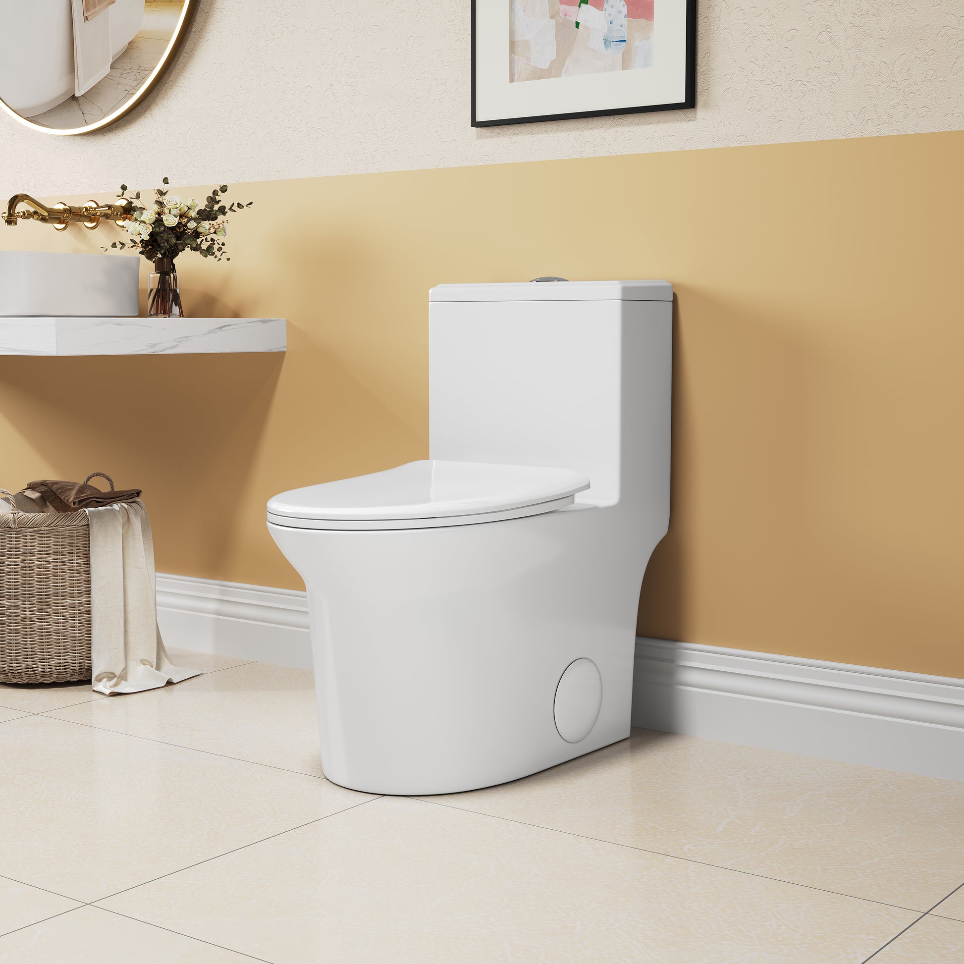 1.1 1.6 Gpf Elongated Comfort Height Super Quite Flushing Floor Mounted One Piece Toilet, Cupc Certified, Watersense Cetified, Ceramic, White Color, Soft Close Seat White Ceramic