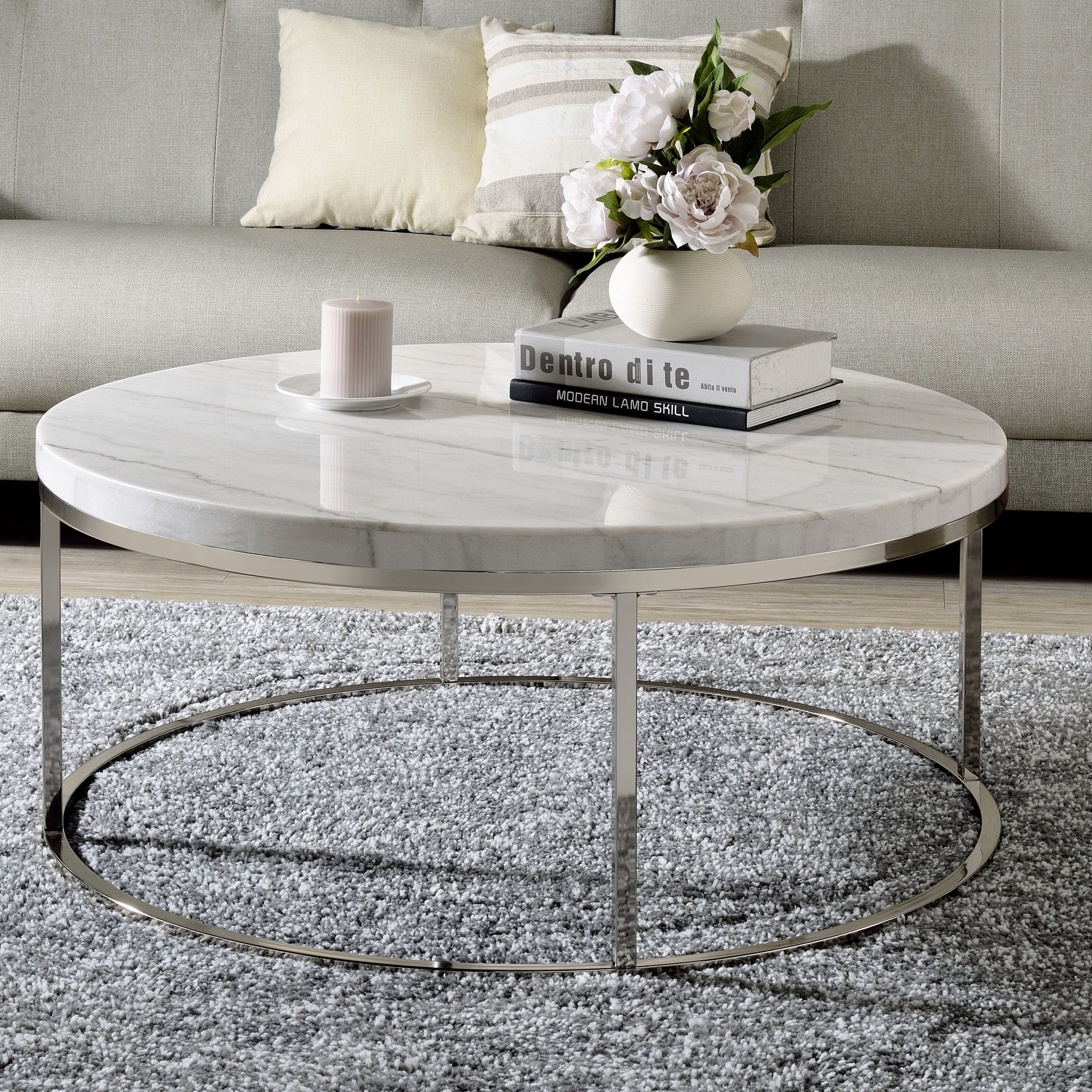 Zaidee Coffee Table, Natural Marble Top & Nickel Finish Lv02795 White Marble Metal