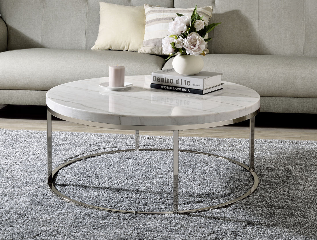 Zaidee Coffee Table, Natural Marble Top & Nickel Finish Lv02795 White Marble Metal