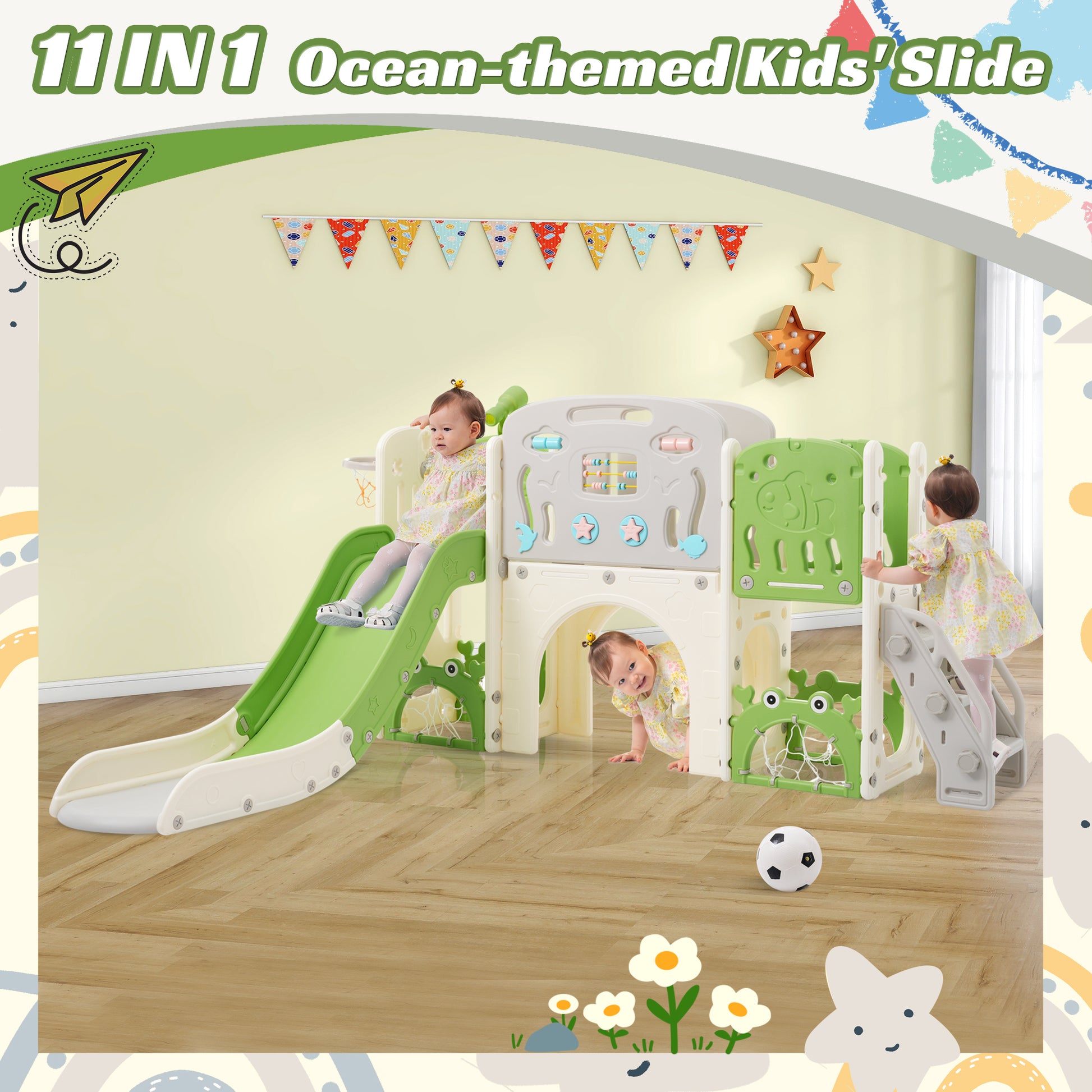 11 In 1 Toddler Slide, Kids Slide For Toddler Age 1 3 With Basketball Hoop, Kids Slide Playset Structure,Arch Tunnel And Telescope, Toy Storage Organizer For Toddlers, Kids Climbers Playground Green Cute 1 To 2 Years Hdpe Indoor & Outdoor Use