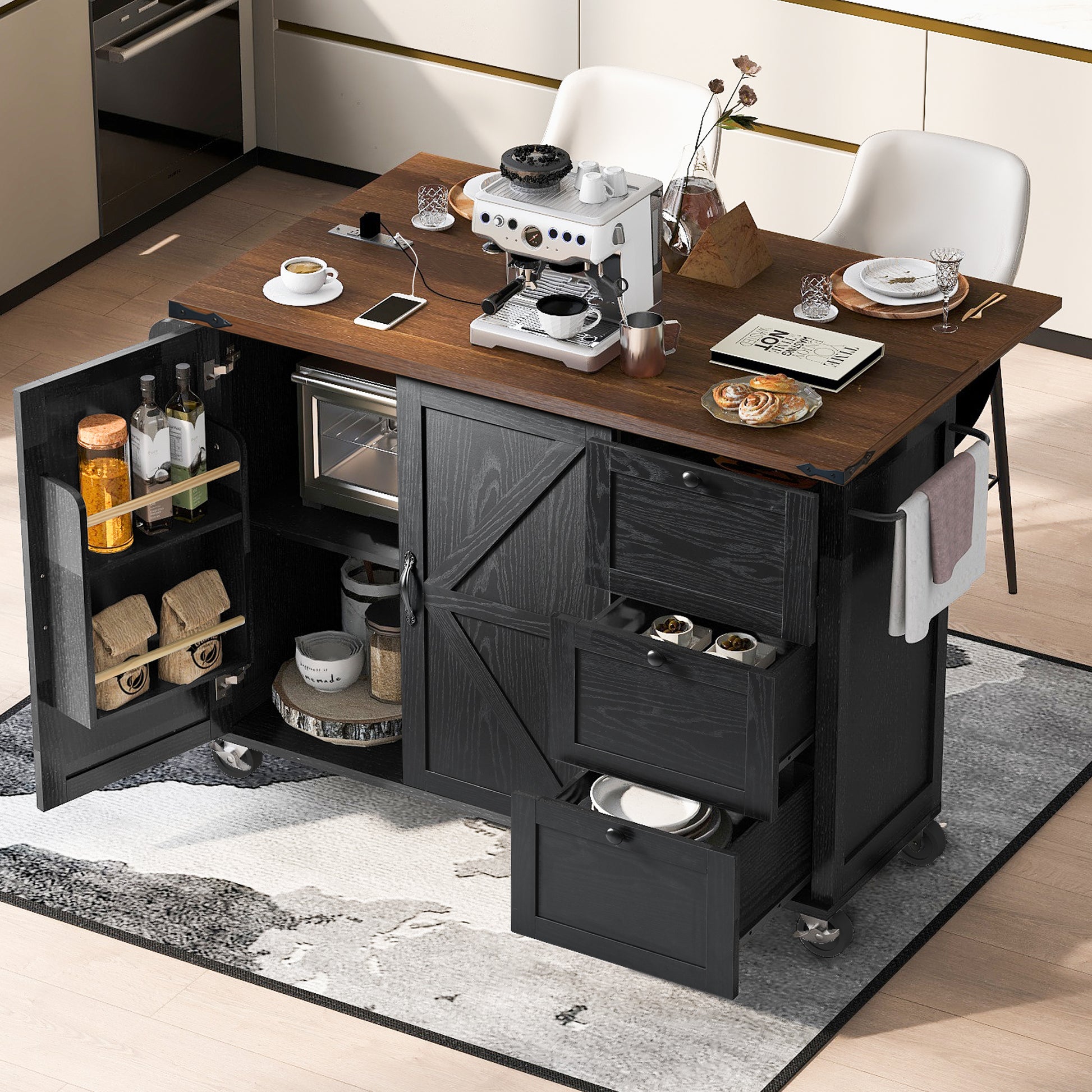 K&K 54.5" Farmhouse Kitchen Island With Power Outlet, Kitchen Storage Island With Internal Storage Rack, Drop Leaf, Spice Rack, Rolling Kitchen Cart On Wheels, For Home, Kitchen And Dining Room,Black Black Brown Kitchen Classic,Farmhouse,Luxury,Modern