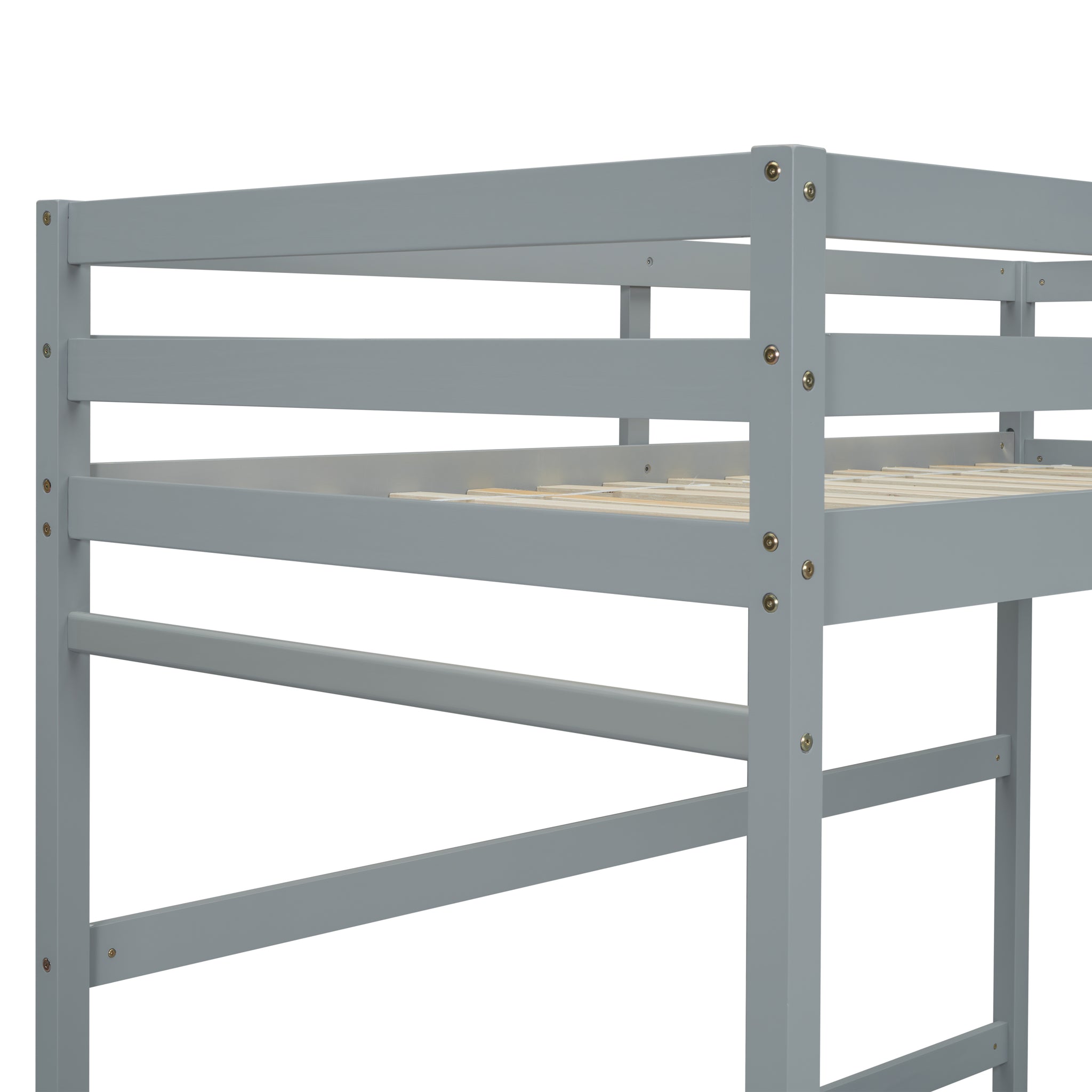 Twin Size High Loft Bed With Inclined Ladder, Guardrails,Grey Twin Grey American Design Pine