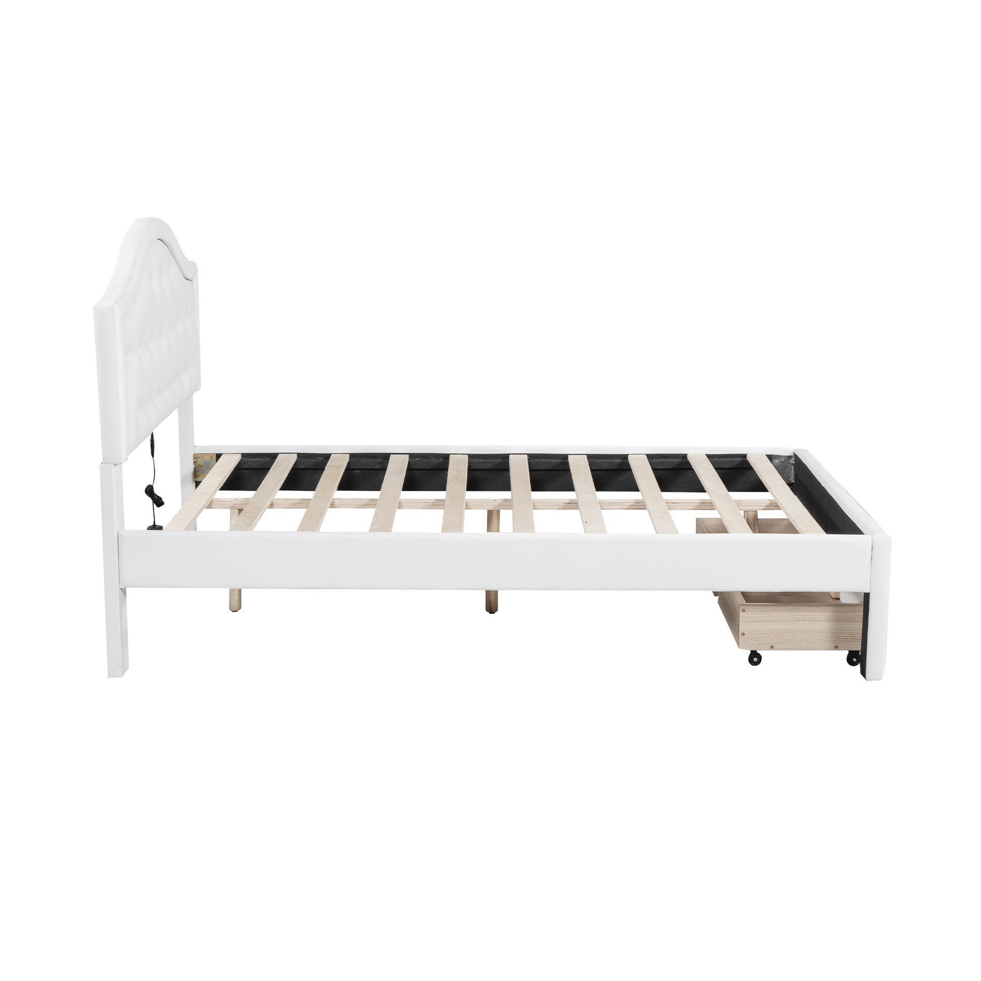 Full Size Upholstered Platform Bed With Tufted Headboard, Led And 2 Drawers, White Box Spring Not Required Full White Wood Bathroom Bed Frame Faux Leather Upholstered